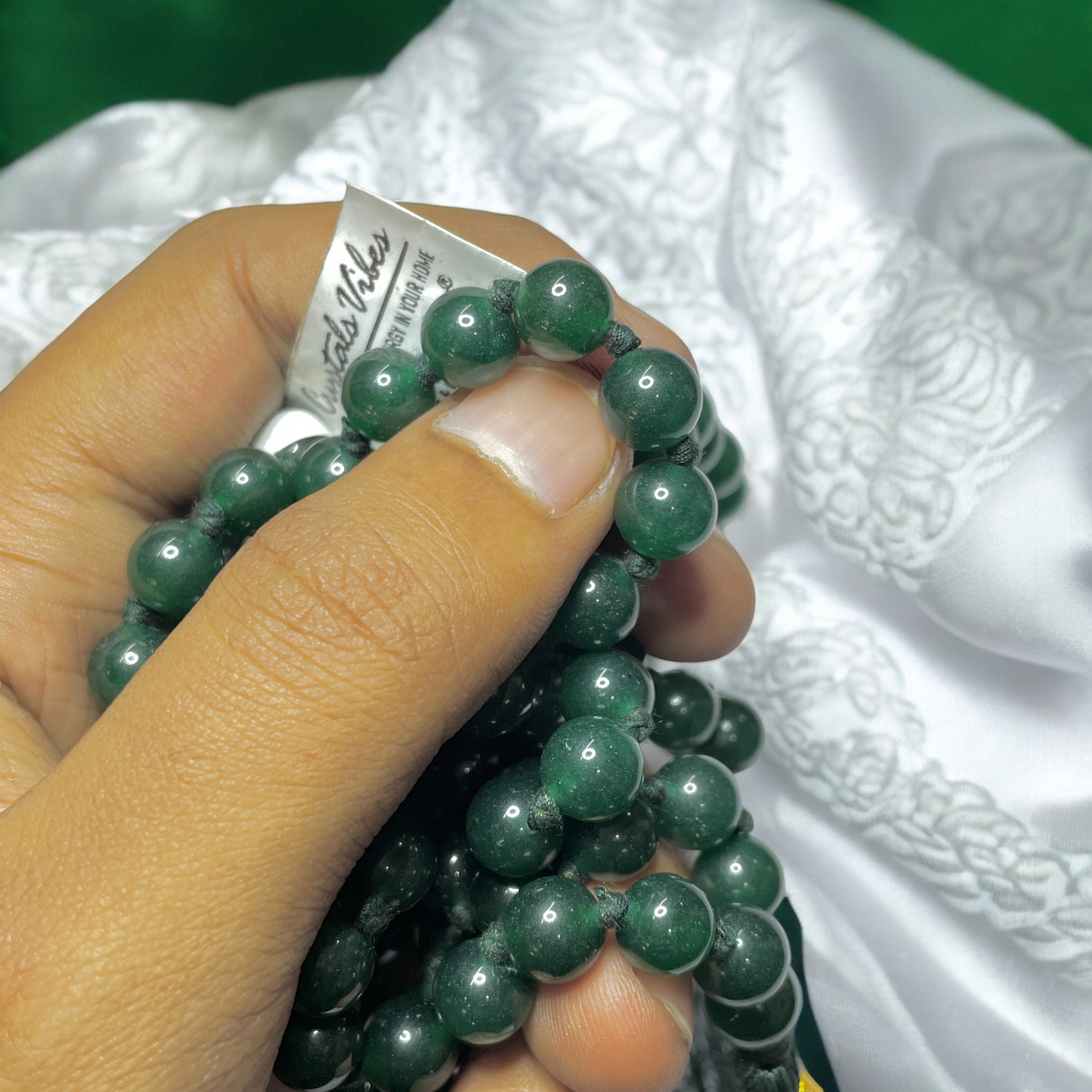 Rocksmins Jade Green Crystal Jaap Mala - 108+1 Beads 8 mm Beads for Pooja, Astrology for Wearing in Neck/Holding for Men Women Boys Girls