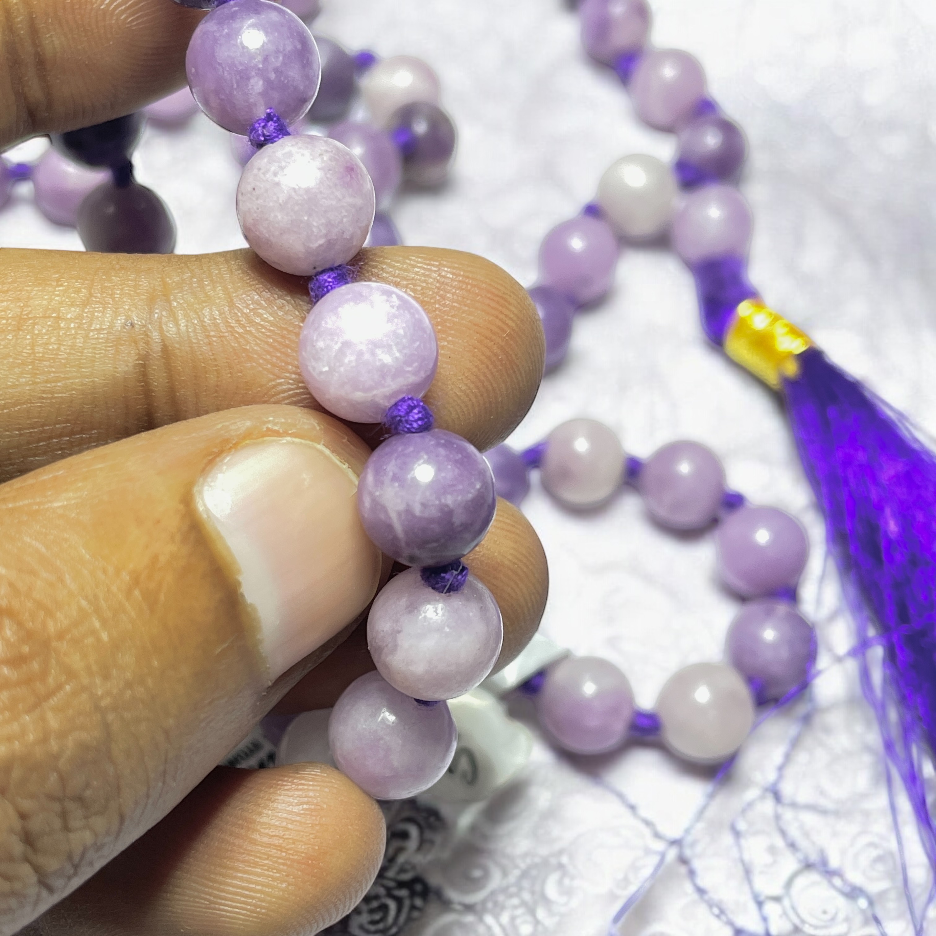 Rocksmins Lepidolite Crystal Jaap Mala - 108+1 Beads 8 mm Beads for Pooja, Astrology for Wearing in Neck/Holding for Men Women Boys Girls