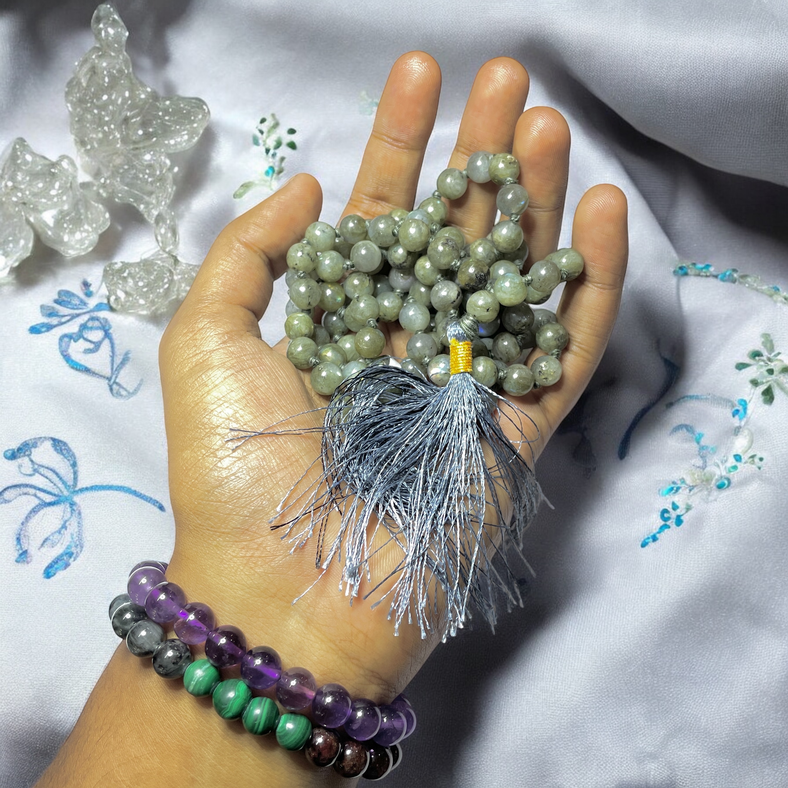 Rocksmins Labradorite Crystal Jaap Mala - 108+1 Beads 8 mm Beads for Pooja, Astrology for Wearing in Neck/Holding for Men Women Boys Girls