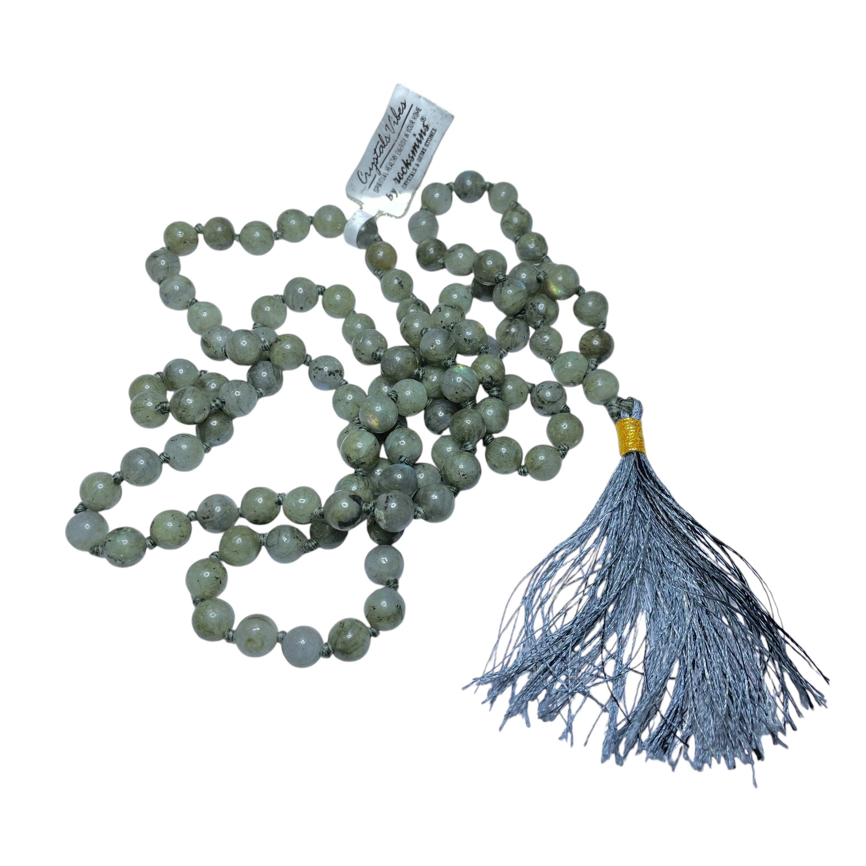 Rocksmins Labradorite Crystal Jaap Mala - 108+1 Beads 8 mm Beads for Pooja, Astrology for Wearing in Neck/Holding for Men Women Boys Girls