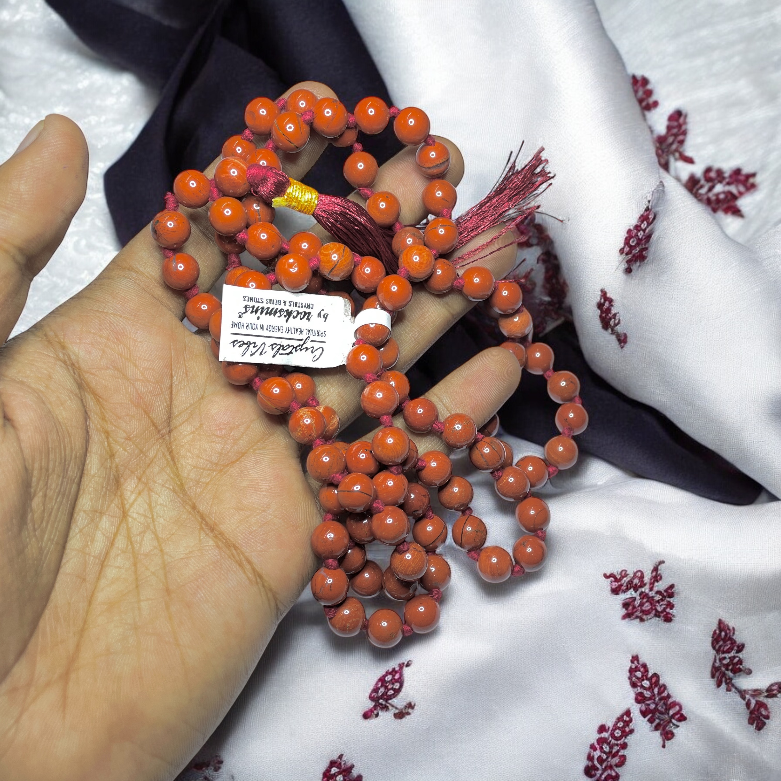 Rocksmins Jasper Red Crystal Jaap Mala - 108+1 Beads 8 mm Beads for Pooja, Astrology for Wearing in Neck/Holding for Men Women Boys Girls