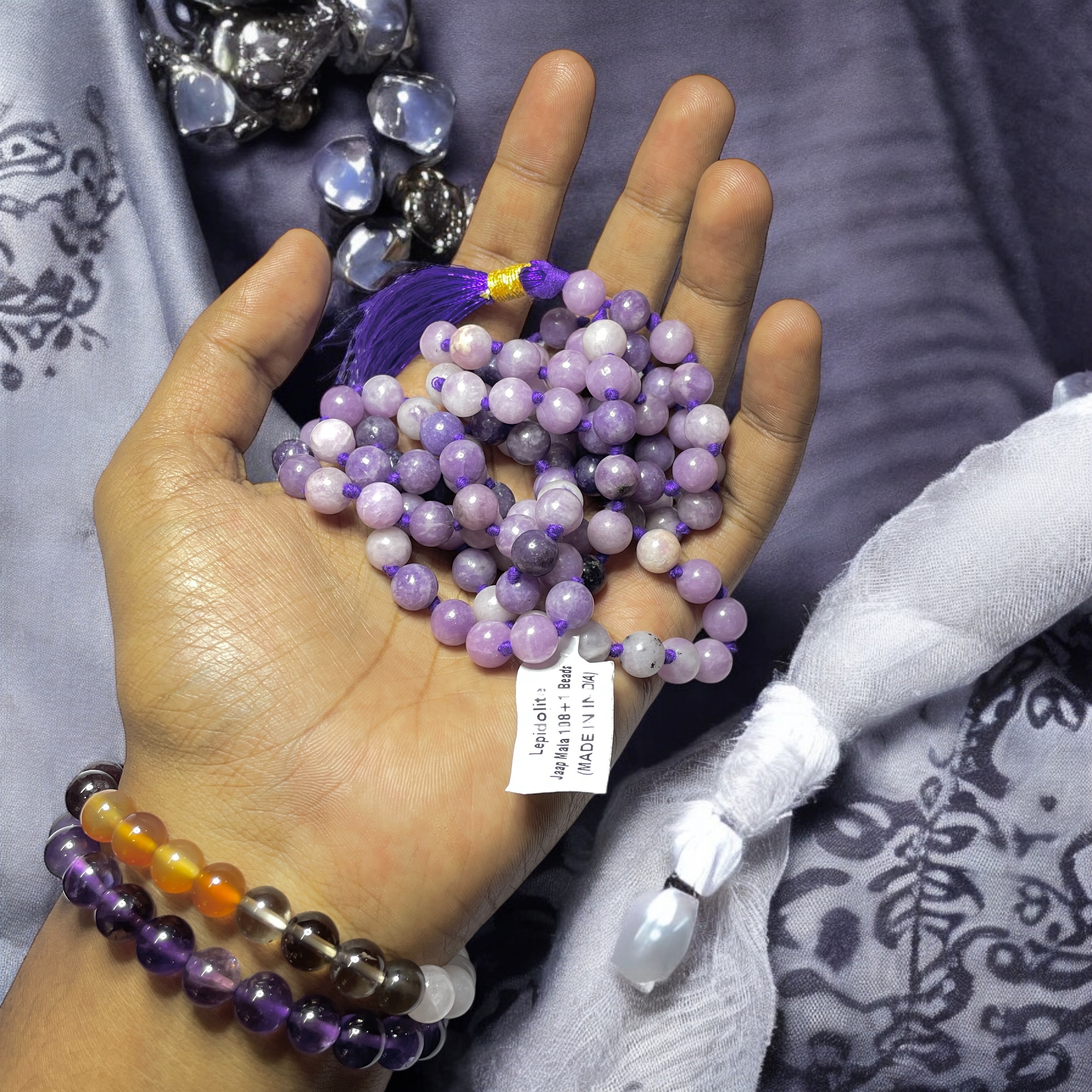 Rocksmins Lepidolite Crystal Jaap Mala - 108+1 Beads 8 mm Beads for Pooja, Astrology for Wearing in Neck/Holding for Men Women Boys Girls