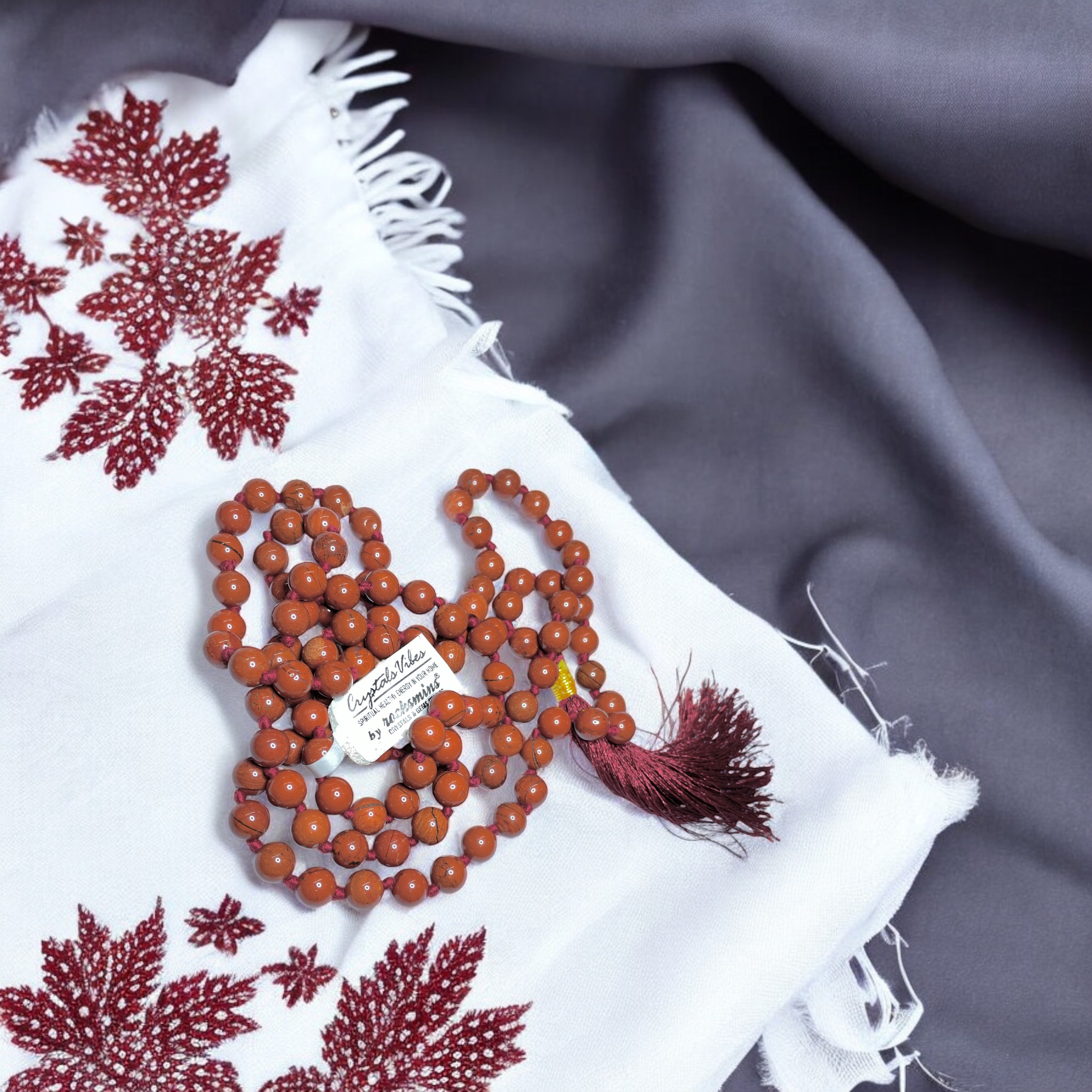 Rocksmins Jasper Red Crystal Jaap Mala - 108+1 Beads 8 mm Beads for Pooja, Astrology for Wearing in Neck/Holding for Men Women Boys Girls