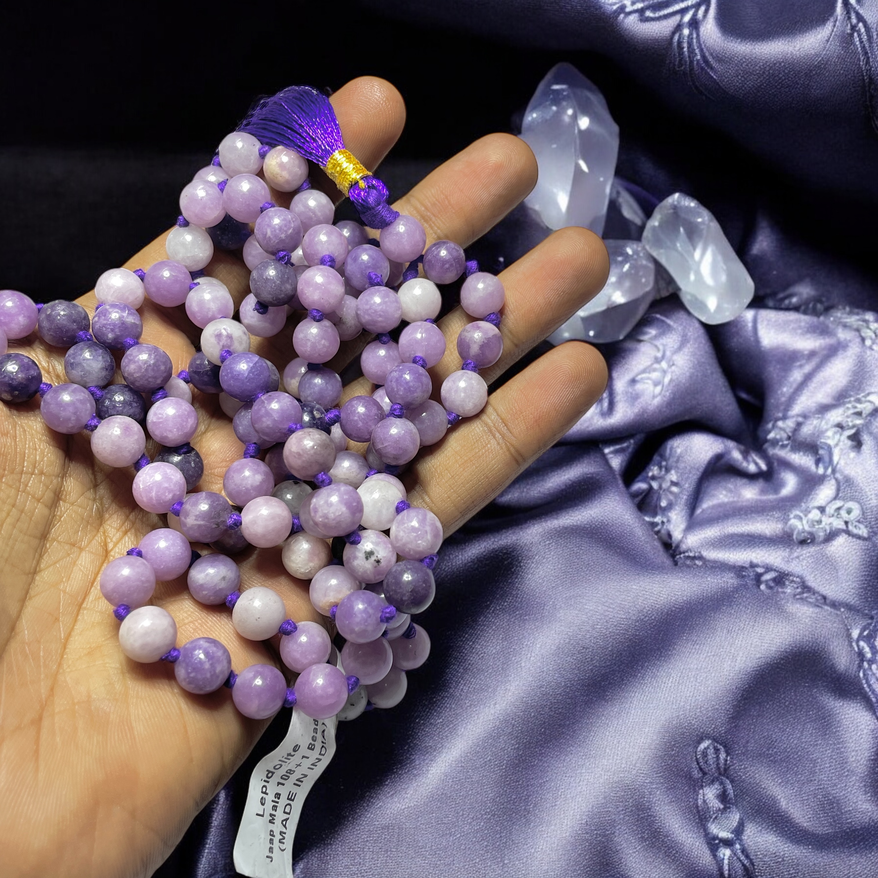 Rocksmins Lepidolite Crystal Jaap Mala - 108+1 Beads 8 mm Beads for Pooja, Astrology for Wearing in Neck/Holding for Men Women Boys Girls