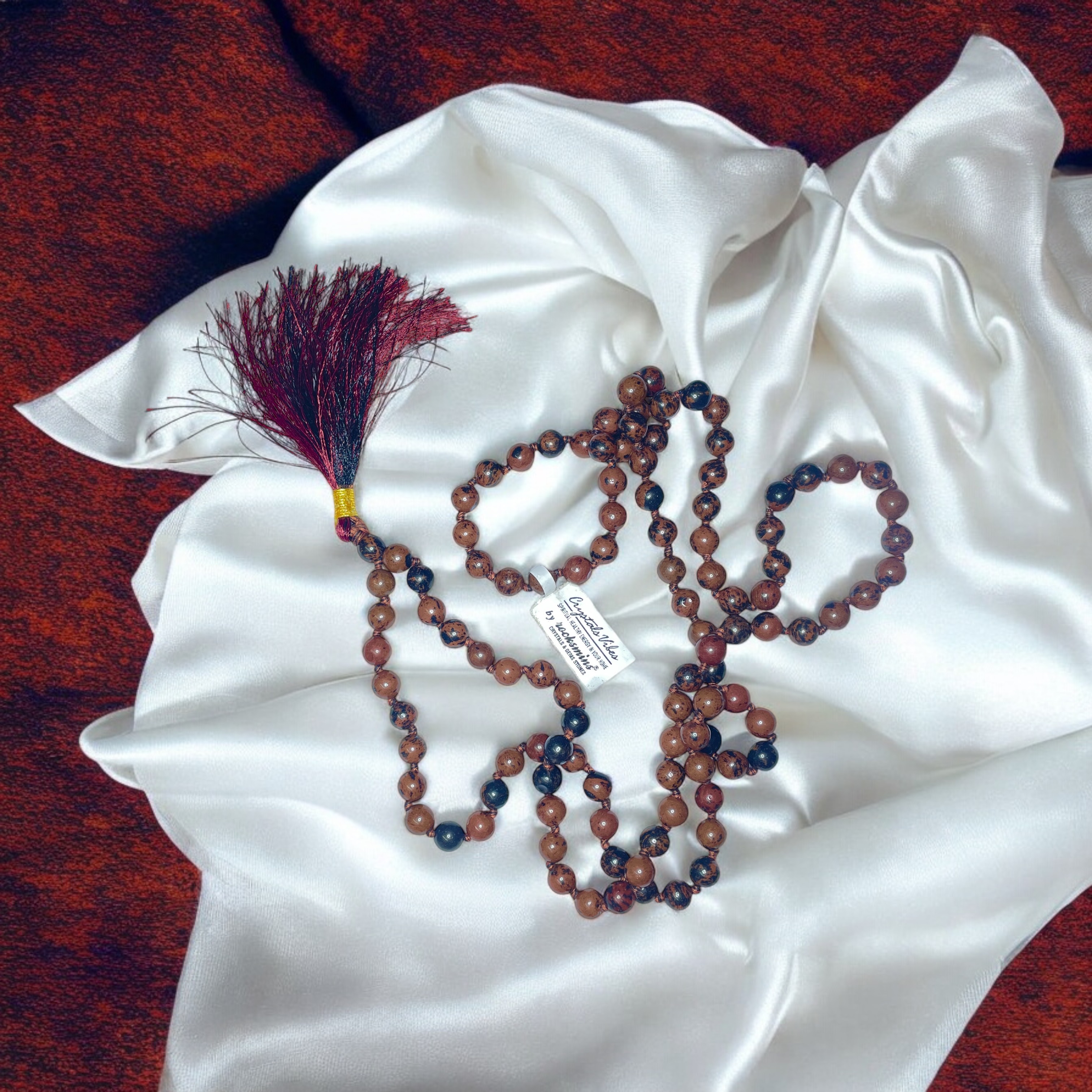 Rocksmins Mahogany Obsidian Crystal Jaap Mala - 108+1 Beads 8 mm Beads for Pooja, Astrology for Wearing in Neck/Holding for Men Women Boys Girls