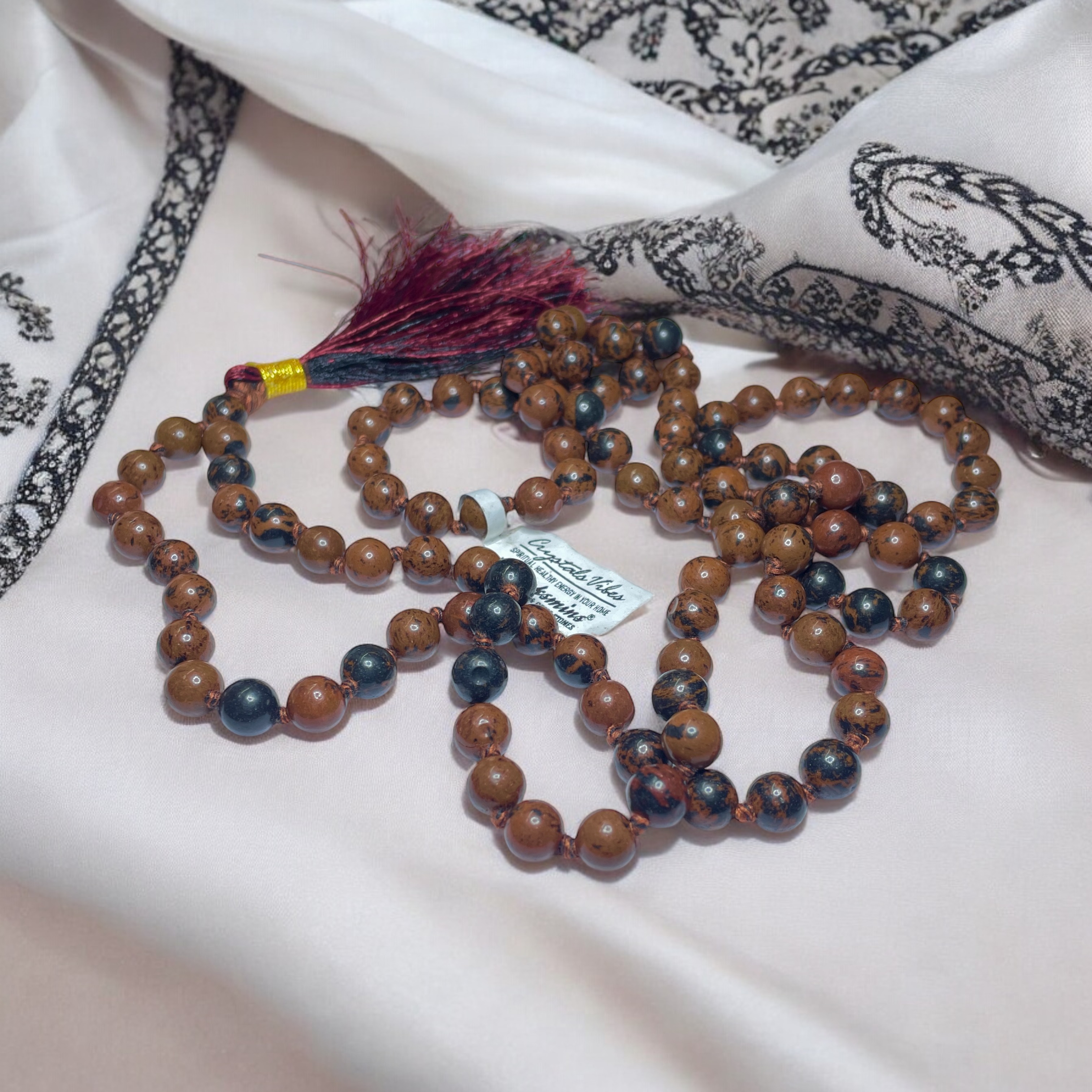 Rocksmins Mahogany Obsidian Crystal Jaap Mala - 108+1 Beads 8 mm Beads for Pooja, Astrology for Wearing in Neck/Holding for Men Women Boys Girls