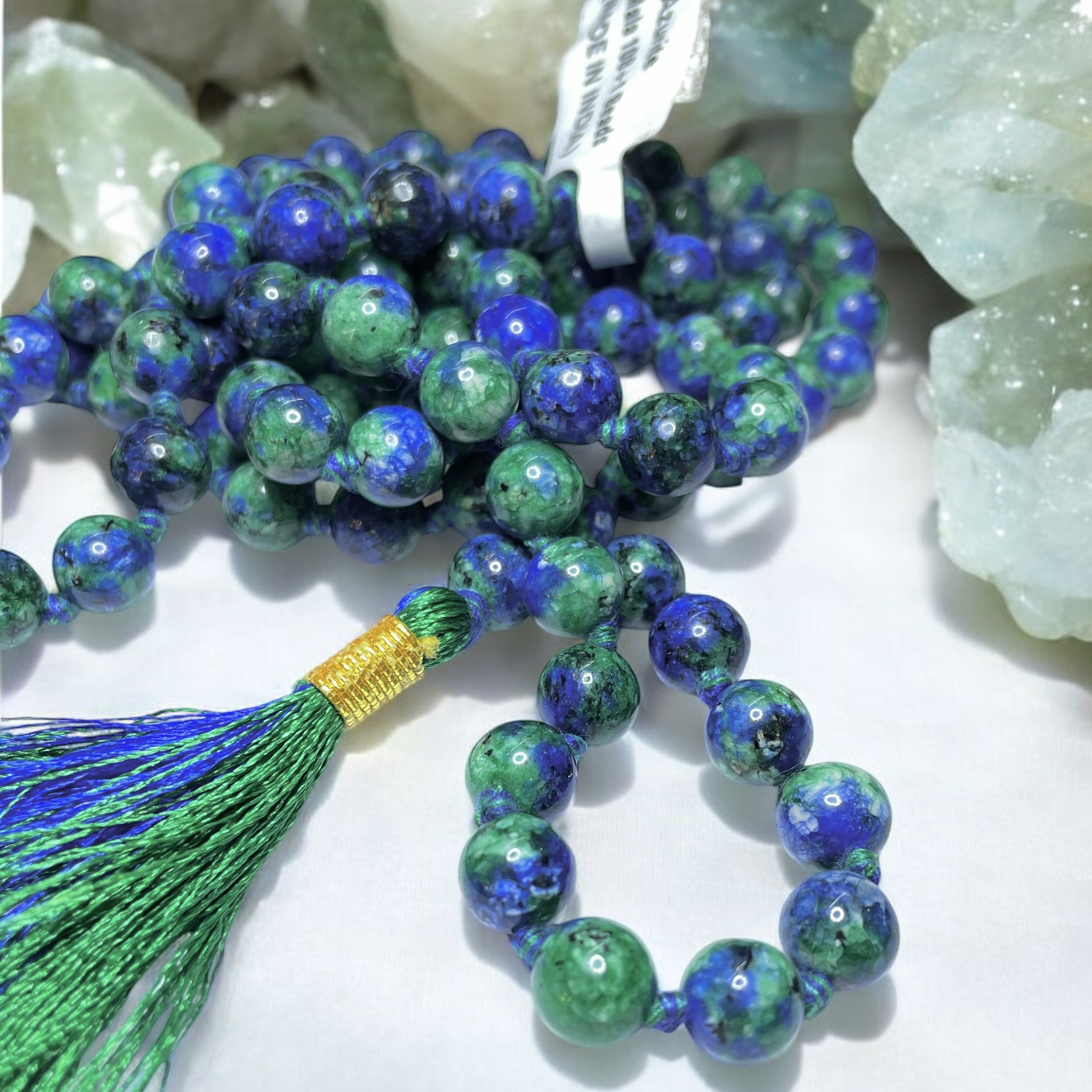 Rocksmins Azurite Crystal Jaap Mala - 108+1 Beads 8 mm Beads for Pooja, Astrology for Wearing in Neck/Holding for Men Women Boys Girls