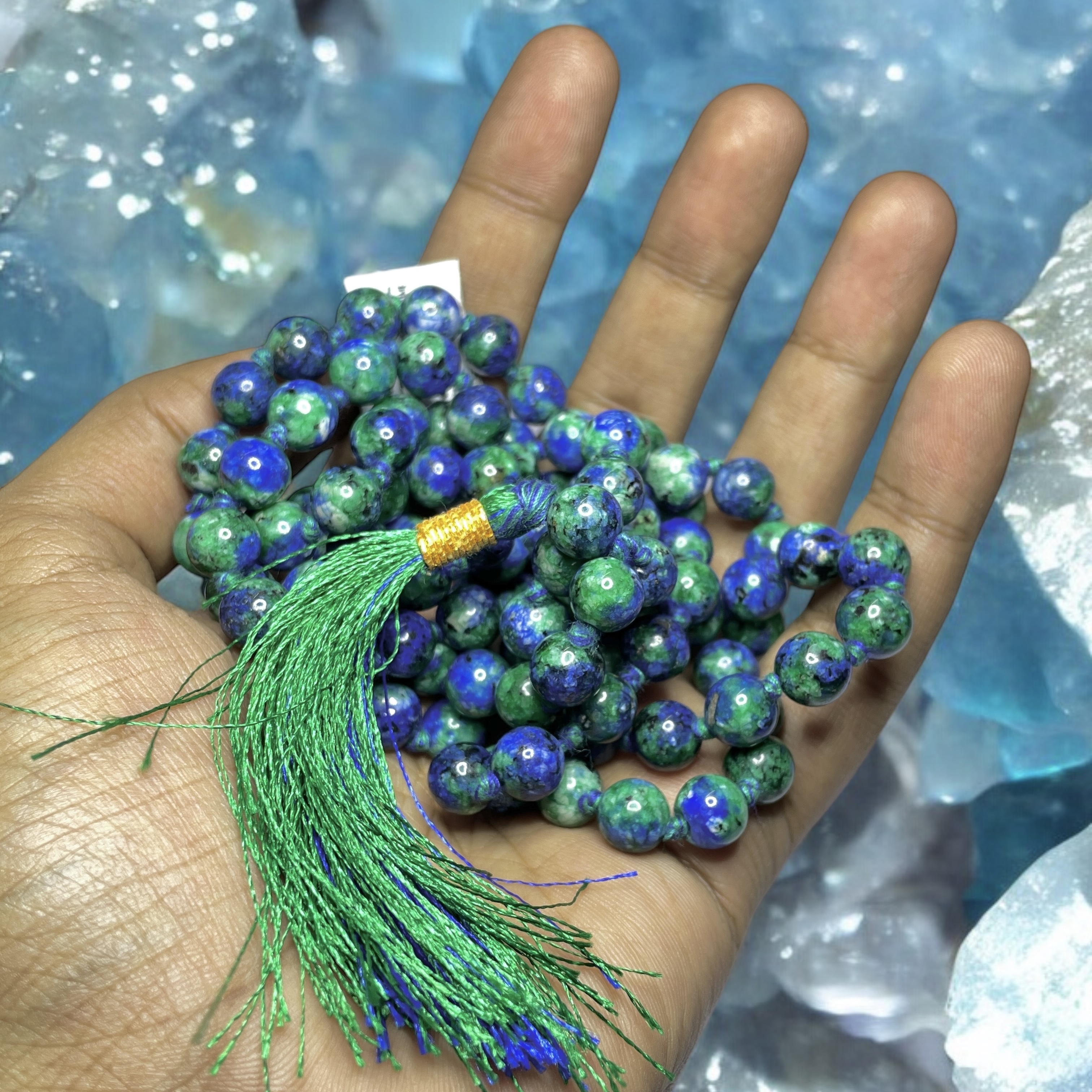 Rocksmins Azurite Crystal Jaap Mala - 108+1 Beads 8 mm Beads for Pooja, Astrology for Wearing in Neck/Holding for Men Women Boys Girls