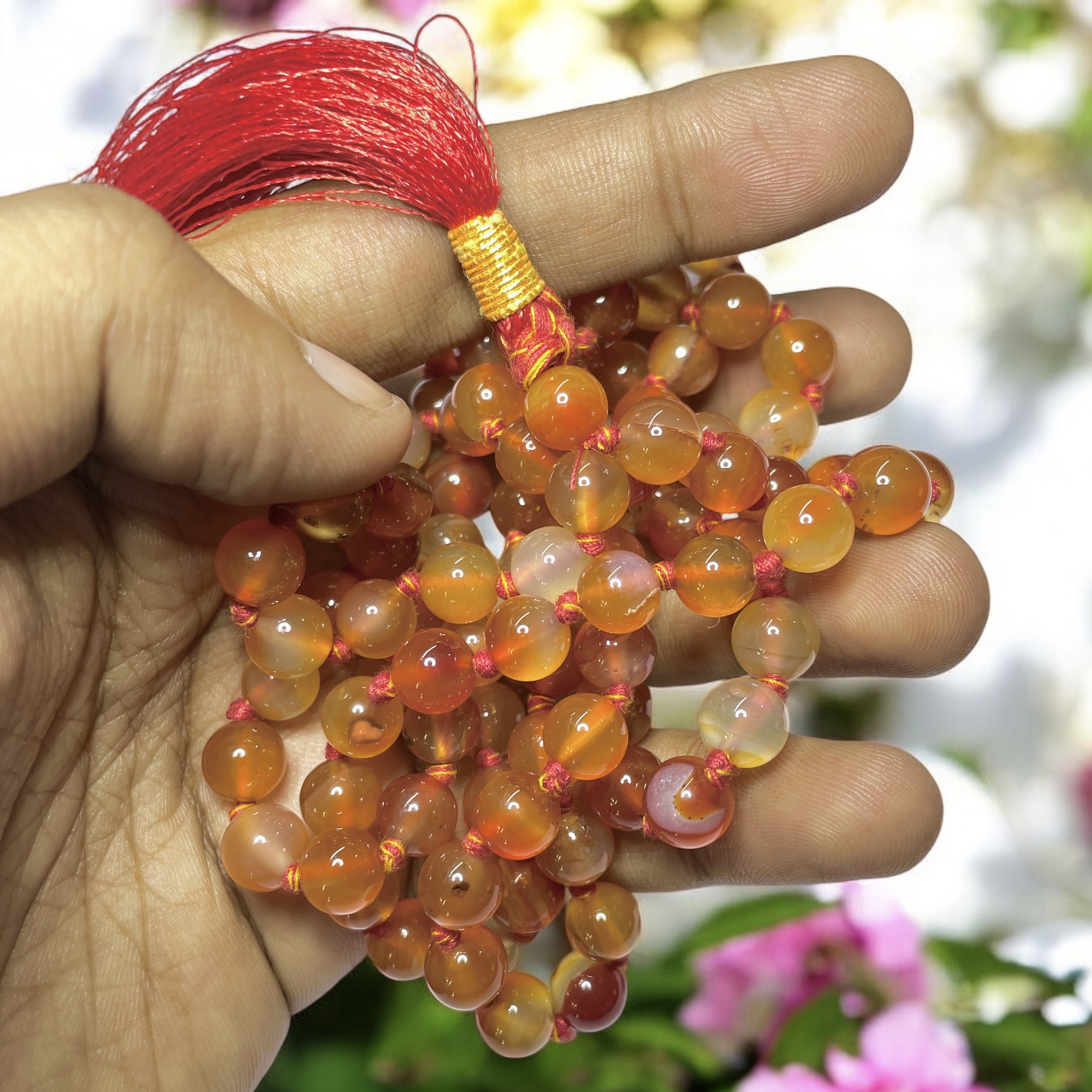 Rocksmins Carnelian Crystal Jaap Mala - 108+1 Beads 8 mm Beads for Pooja, Astrology for Wearing in Neck/Holding for Men Women Boys Girls