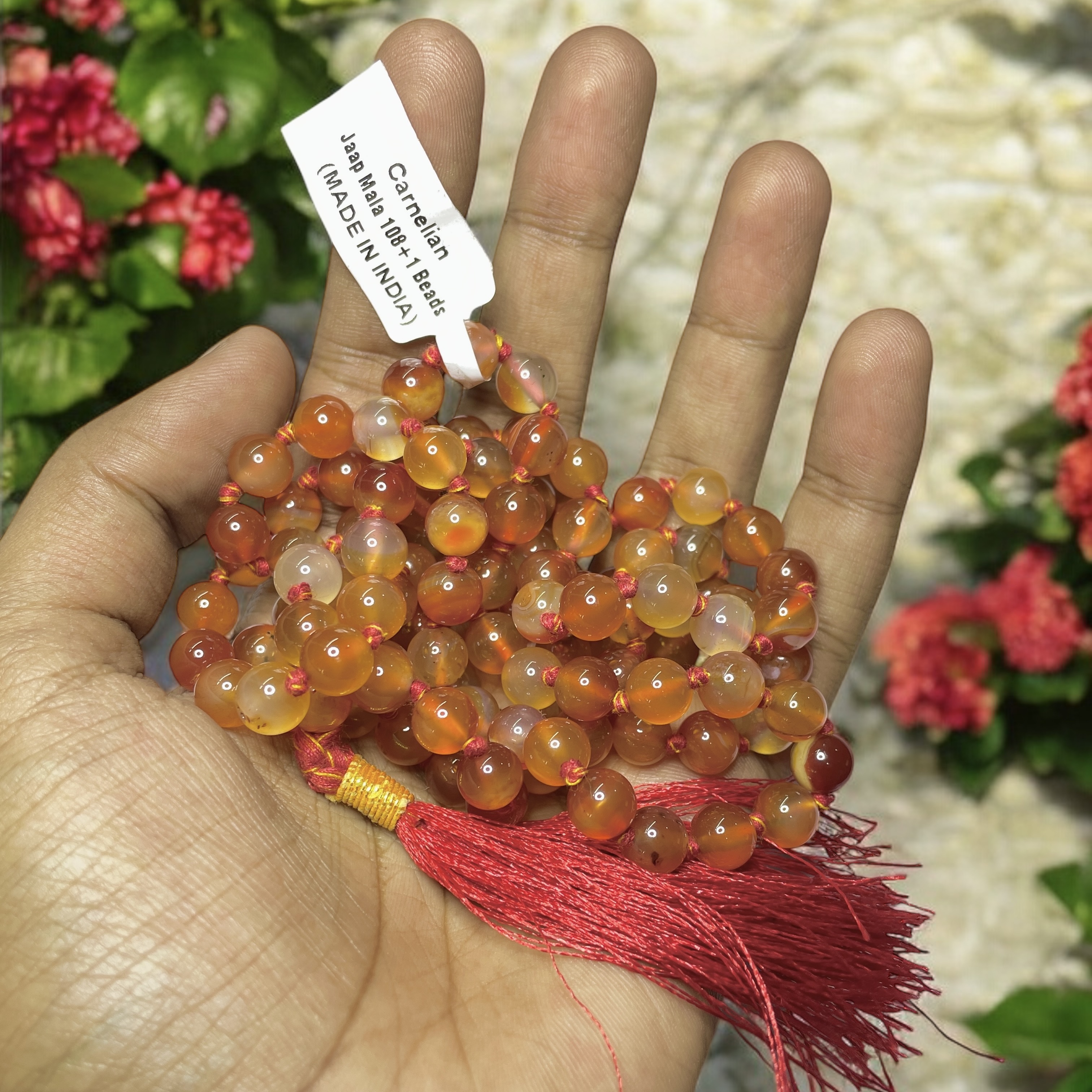 Rocksmins Carnelian Crystal Jaap Mala - 108+1 Beads 8 mm Beads for Pooja, Astrology for Wearing in Neck/Holding for Men Women Boys Girls