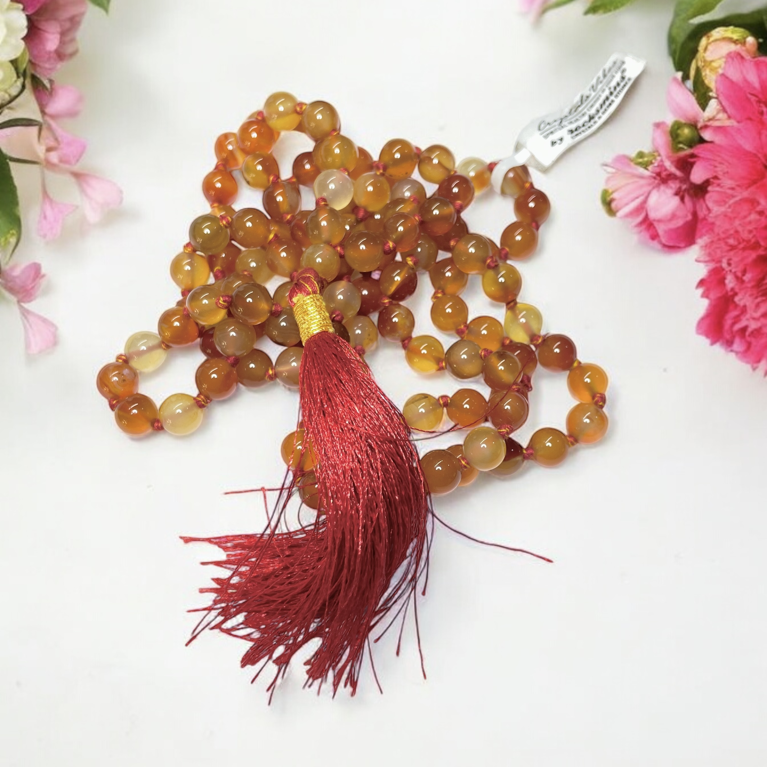 Rocksmins Carnelian Crystal Jaap Mala - 108+1 Beads 8 mm Beads for Pooja, Astrology for Wearing in Neck/Holding for Men Women Boys Girls