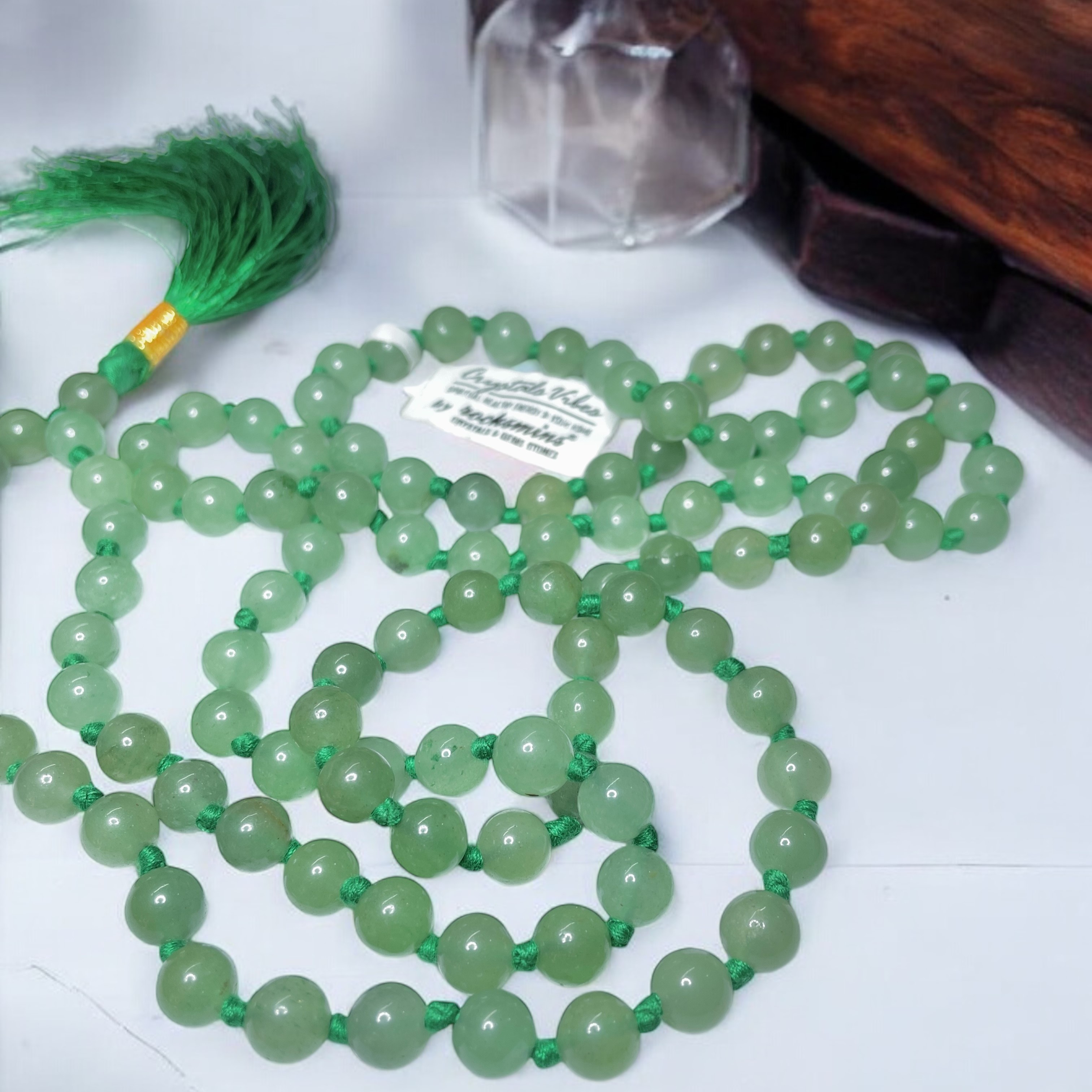 Rocksmins Aventurine Green Crystal Jaap Mala - 108+1 Beads 8 mm Beads for Pooja, Astrology for Wearing in Neck/Holding for Men Women Boys Girls