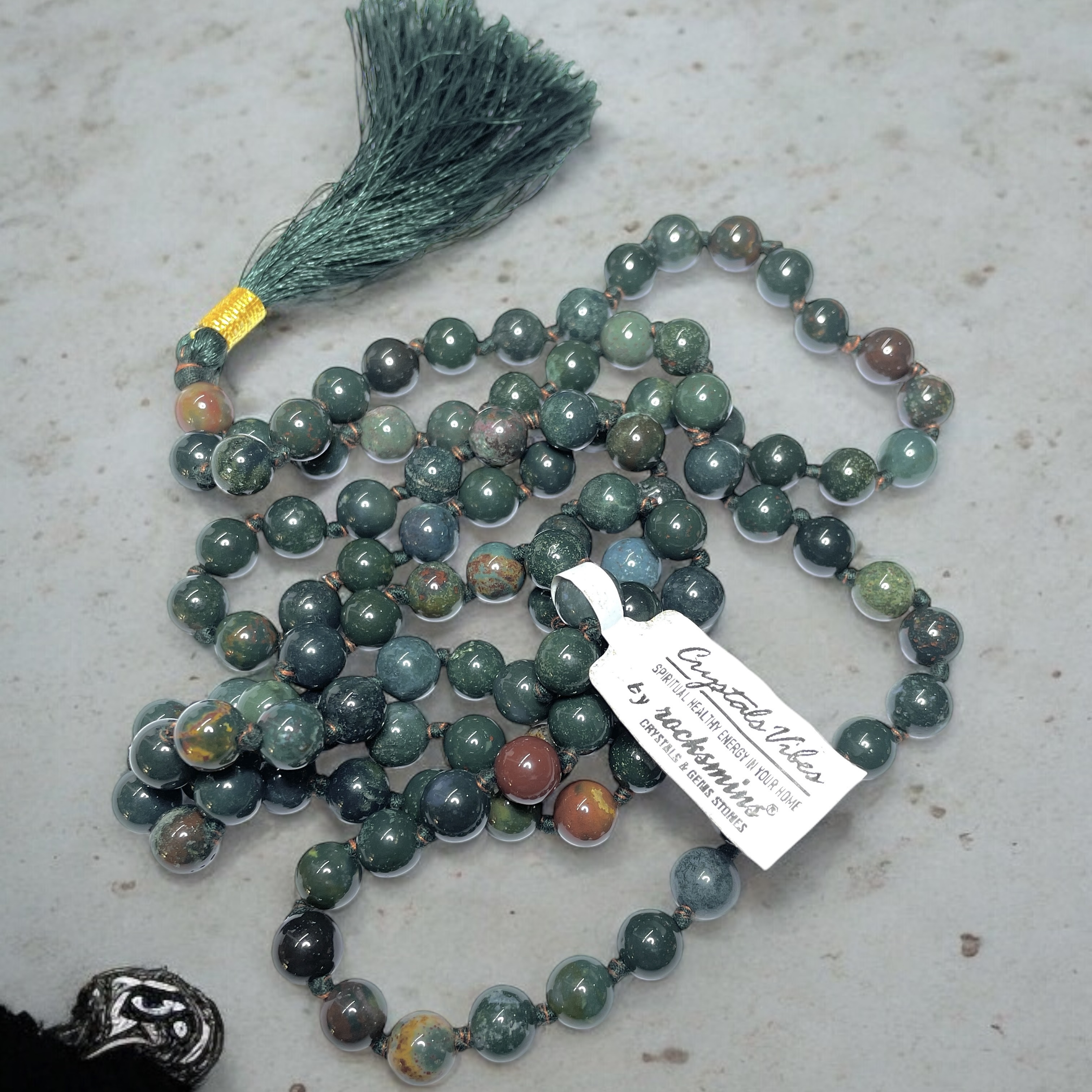 Rocksmins Blood Stone Crystal Jaap Mala - 108+1 Beads 8 mm Beads for Pooja, Astrology for Wearing in Neck/Holding for Men Women Boys Girls