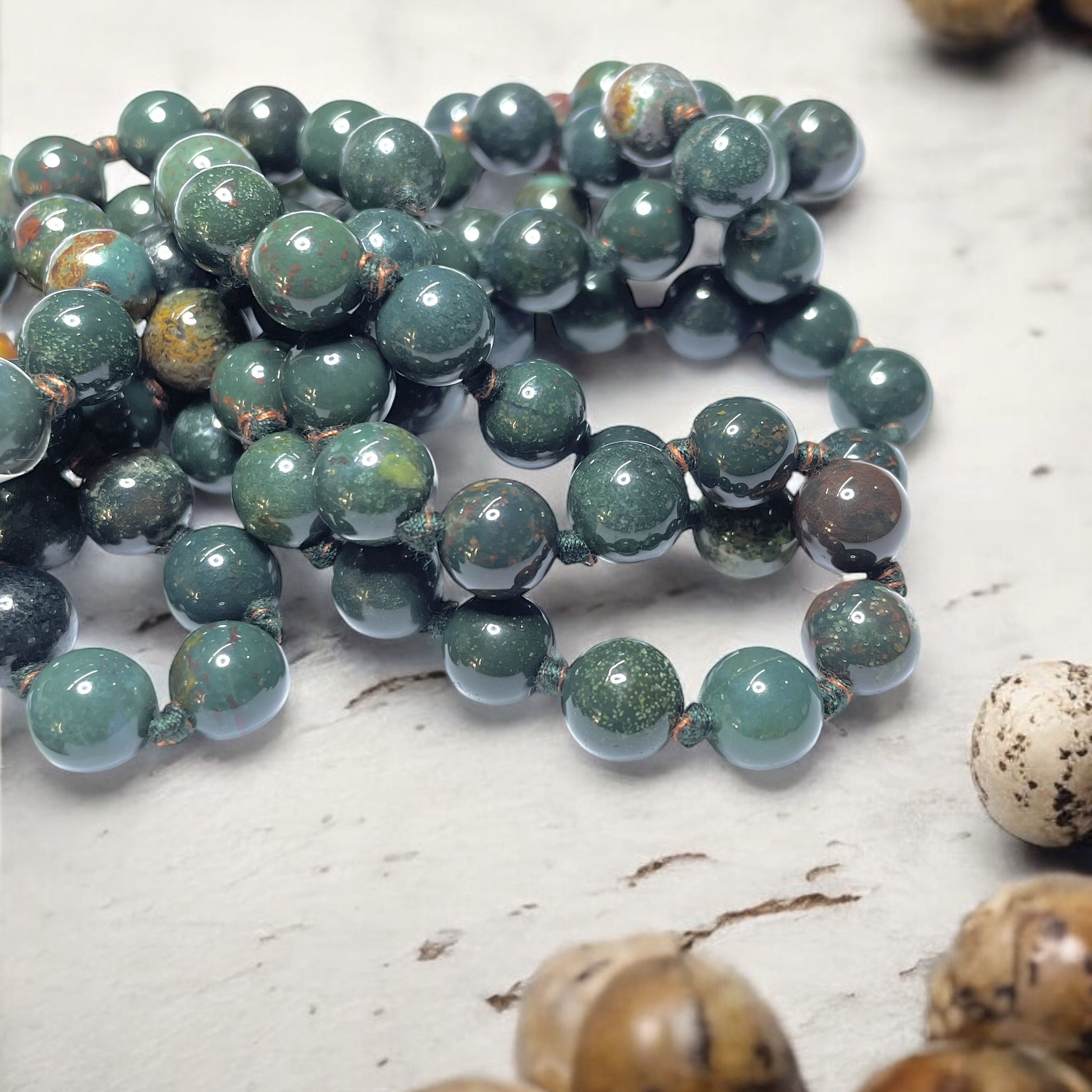Rocksmins Blood Stone Crystal Jaap Mala - 108+1 Beads 8 mm Beads for Pooja, Astrology for Wearing in Neck/Holding for Men Women Boys Girls