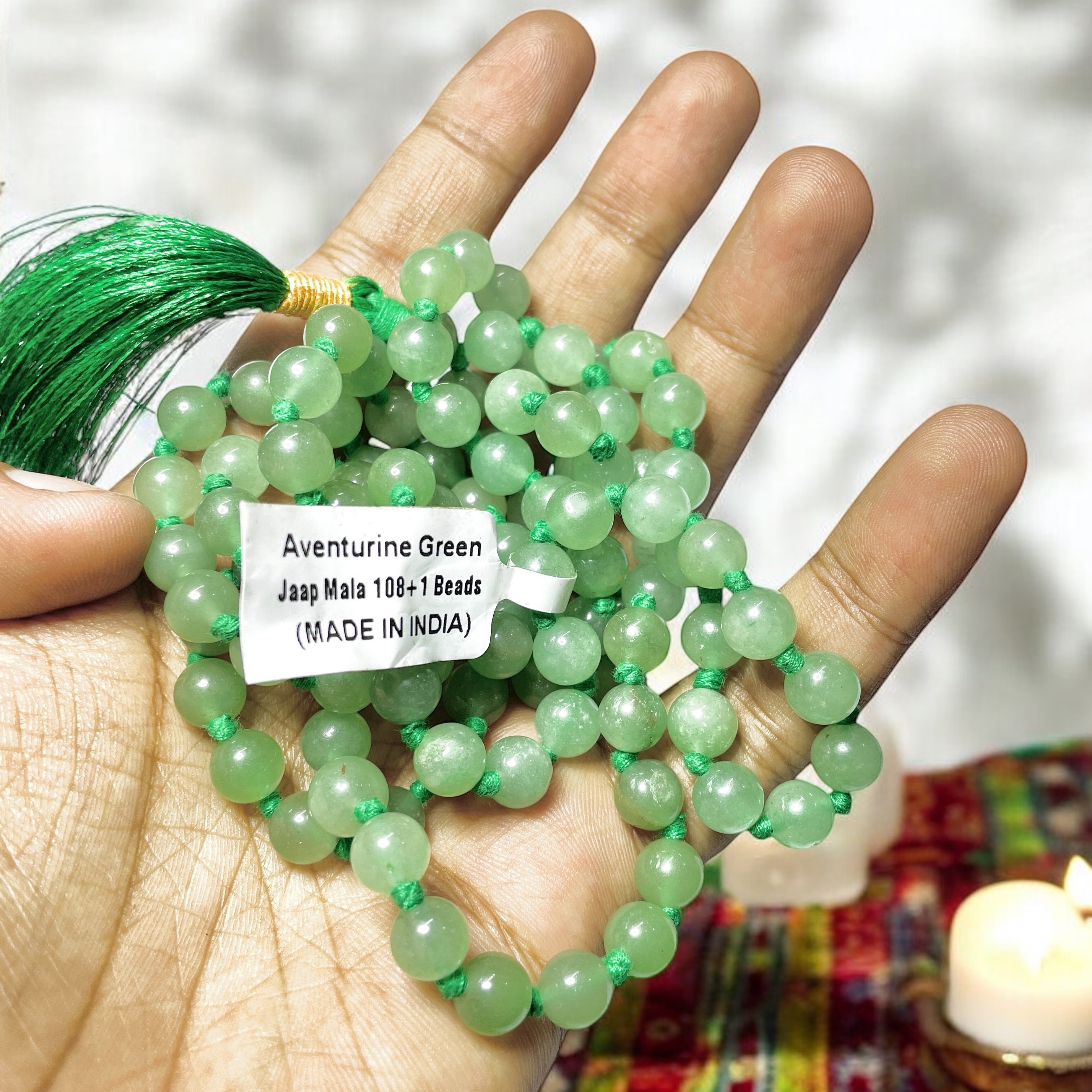Rocksmins Aventurine Green Crystal Jaap Mala - 108+1 Beads 8 mm Beads for Pooja, Astrology for Wearing in Neck/Holding for Men Women Boys Girls