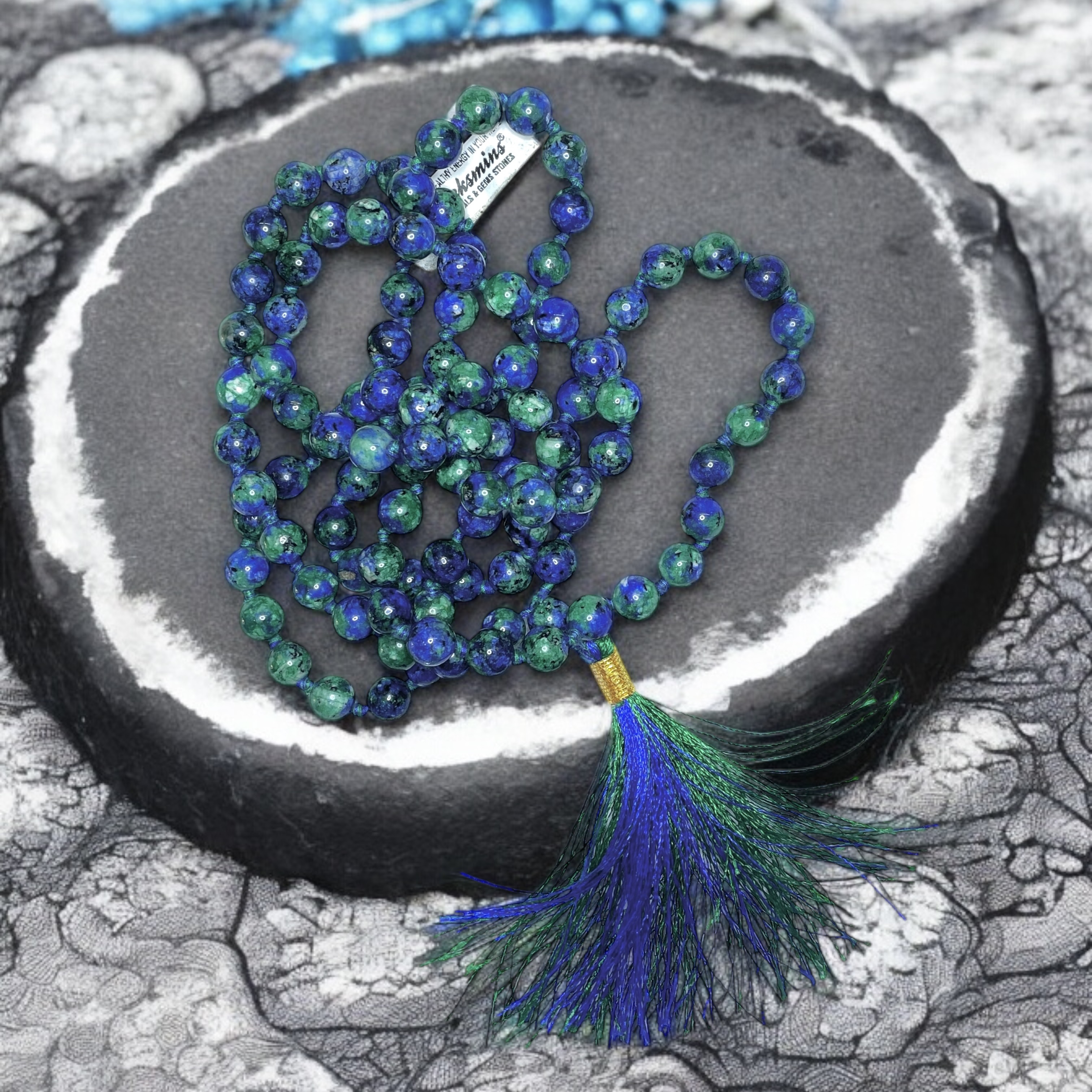 Rocksmins Azurite Crystal Jaap Mala - 108+1 Beads 8 mm Beads for Pooja, Astrology for Wearing in Neck/Holding for Men Women Boys Girls