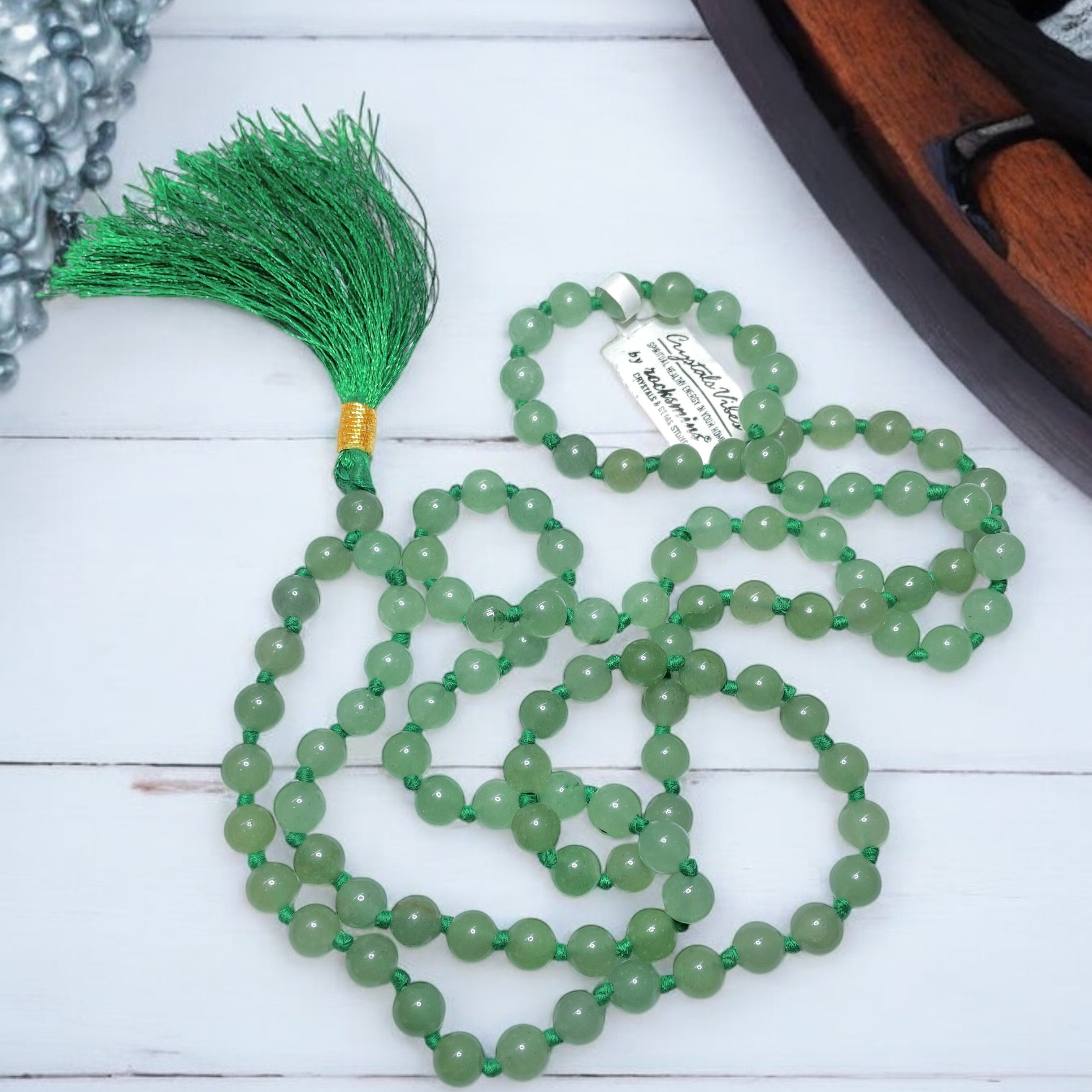 Rocksmins Aventurine Green Crystal Jaap Mala - 108+1 Beads 8 mm Beads for Pooja, Astrology for Wearing in Neck/Holding for Men Women Boys Girls