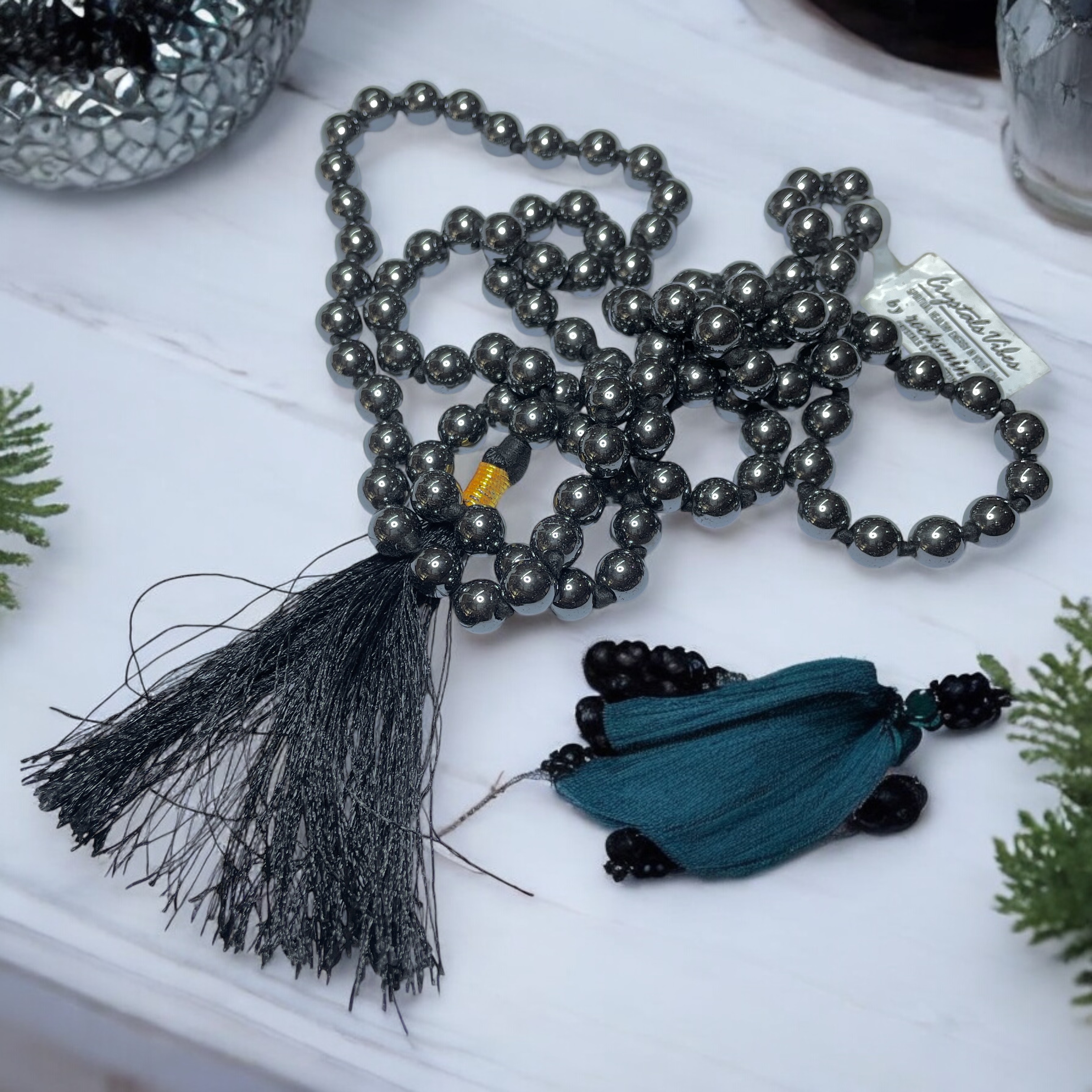 Rocksmins hematite Crystal Jaap Mala - 108+1 Beads 8 mm Beads for Pooja, Astrology for Wearing in Neck/Holding for Men Women Boys Girls