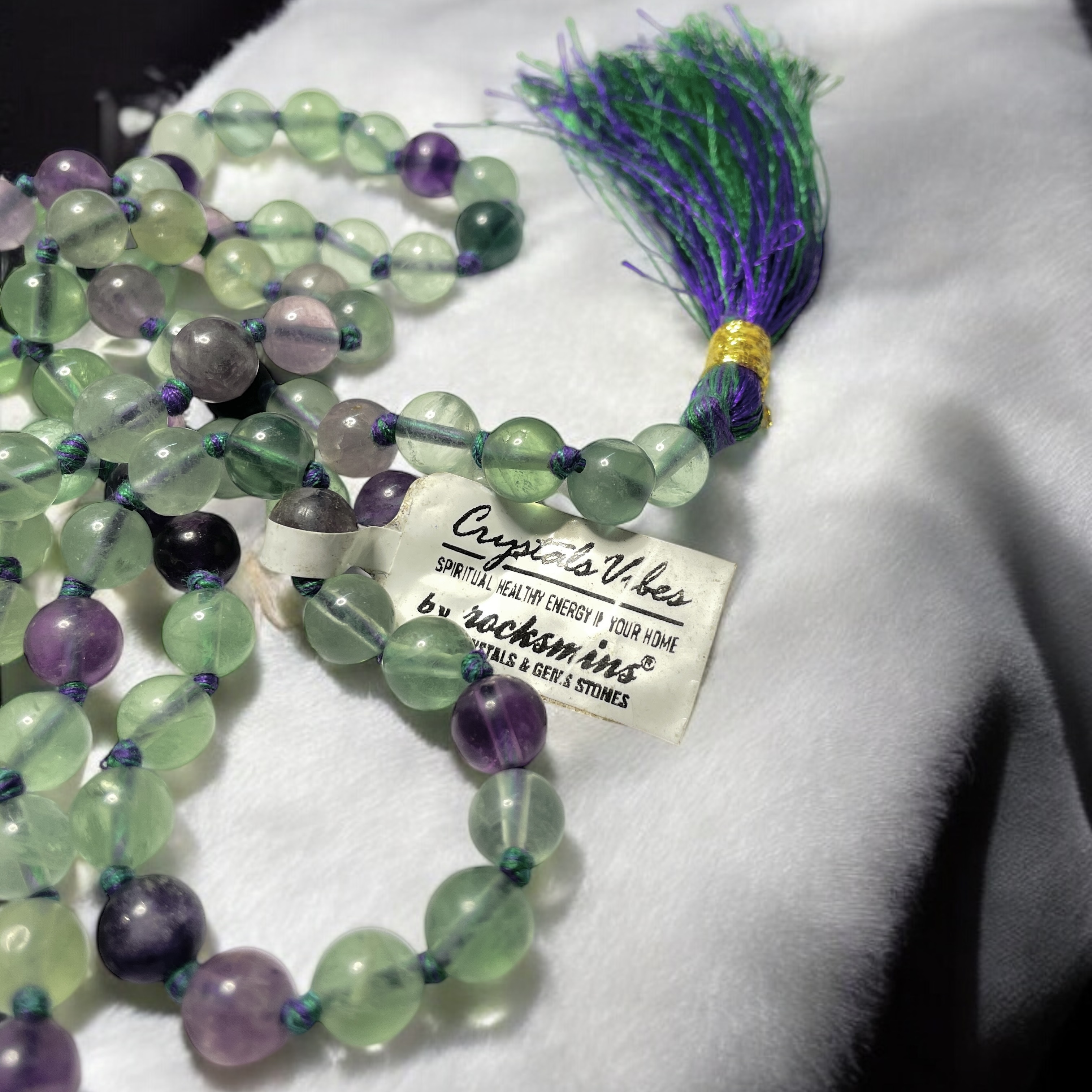 Rocksmins Fluorite Crystal Jaap Mala - 108+1 Beads 8 mm Beads for Pooja, Astrology for Wearing in Neck/Holding for Men Women Boys Girls