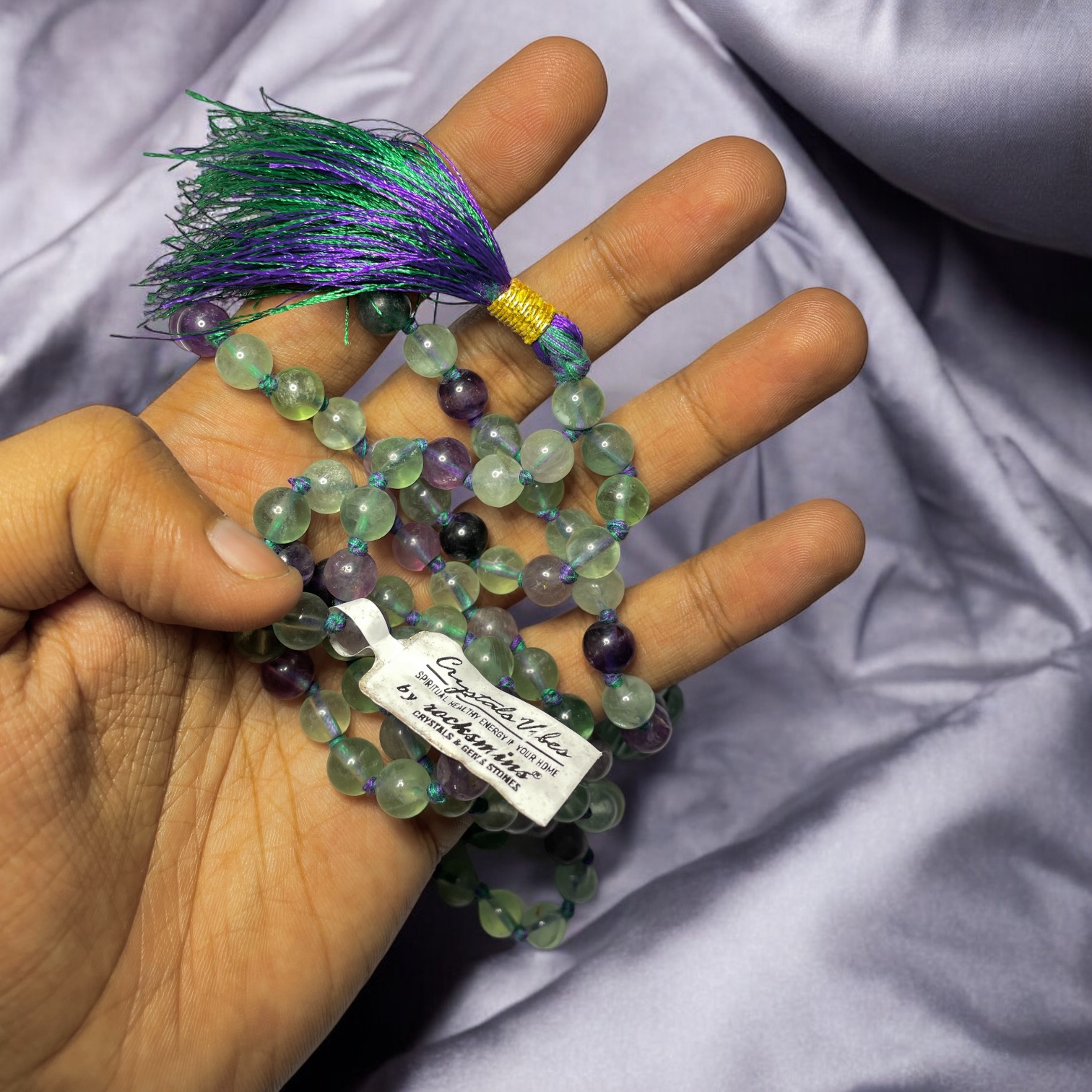 Rocksmins Fluorite Crystal Jaap Mala - 108+1 Beads 8 mm Beads for Pooja, Astrology for Wearing in Neck/Holding for Men Women Boys Girls