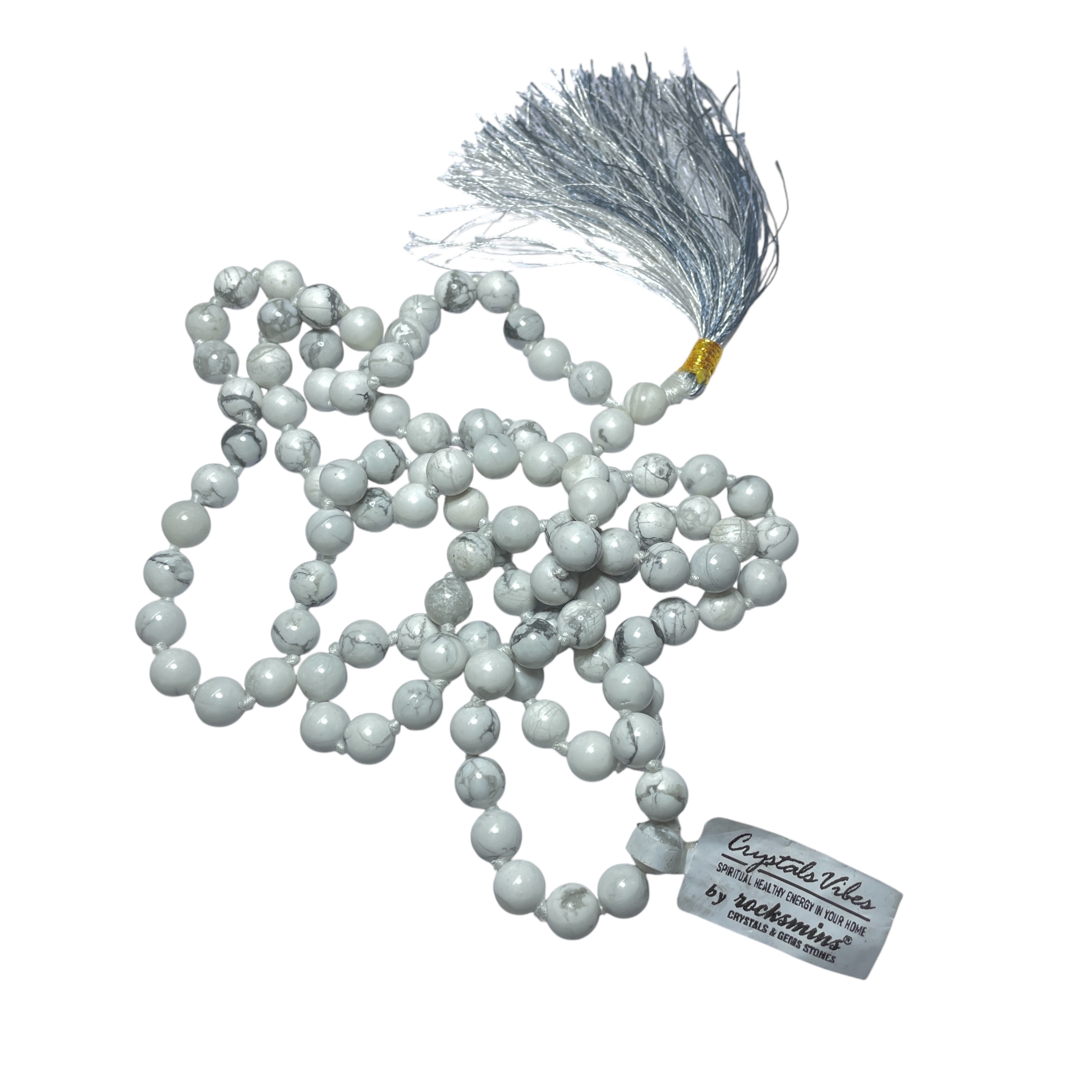 Rocksmins Howlite Crystal Jaap Mala - 108+1 Beads 8 mm Beads for Pooja, Astrology for Wearing in Neck/Holding for Men Women Boys Girls