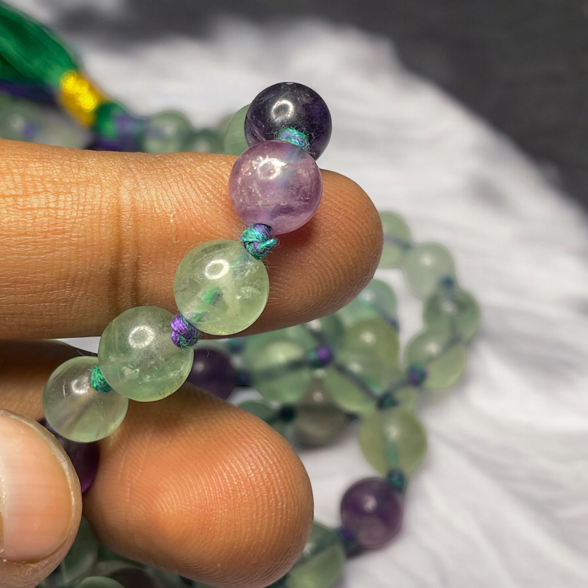 Rocksmins Fluorite Crystal Jaap Mala - 108+1 Beads 8 mm Beads for Pooja, Astrology for Wearing in Neck/Holding for Men Women Boys Girls