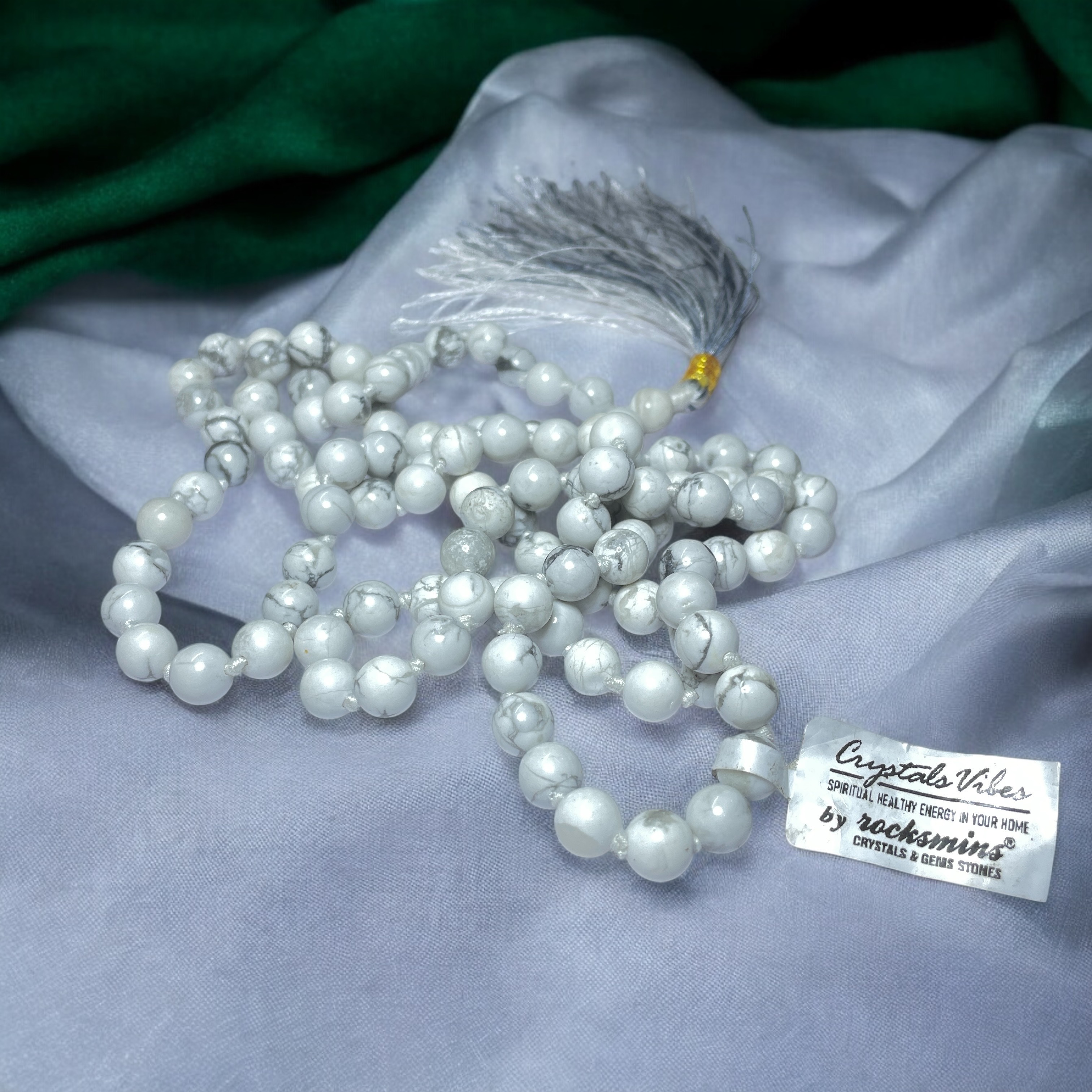 Rocksmins Howlite Crystal Jaap Mala - 108+1 Beads 8 mm Beads for Pooja, Astrology for Wearing in Neck/Holding for Men Women Boys Girls