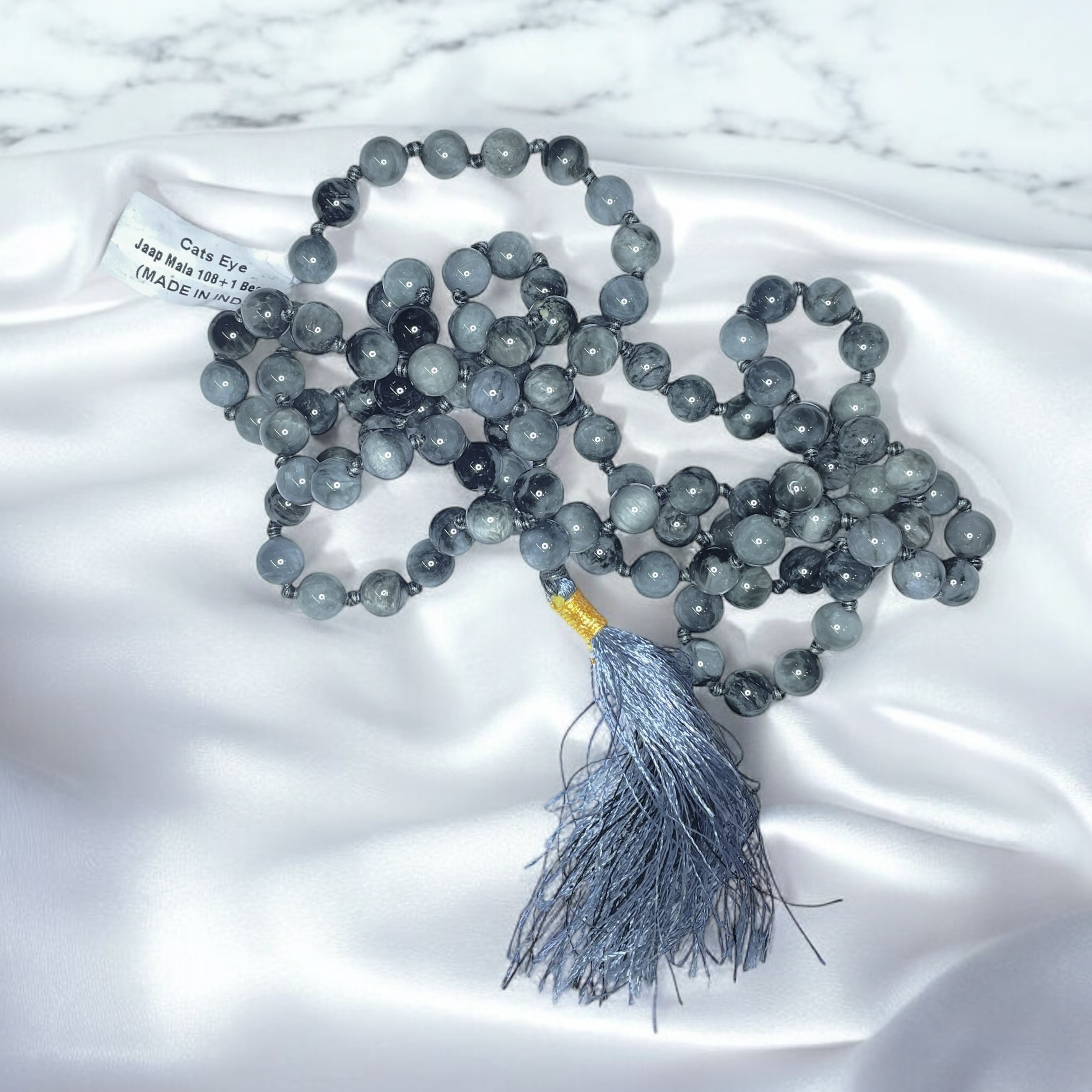 Rocksmins Cat's Eye Crystal Jaap Mala - 108+1 Beads 8 mm Beads for Pooja, Astrology for Wearing in Neck/Holding for Men Women Boys Girls