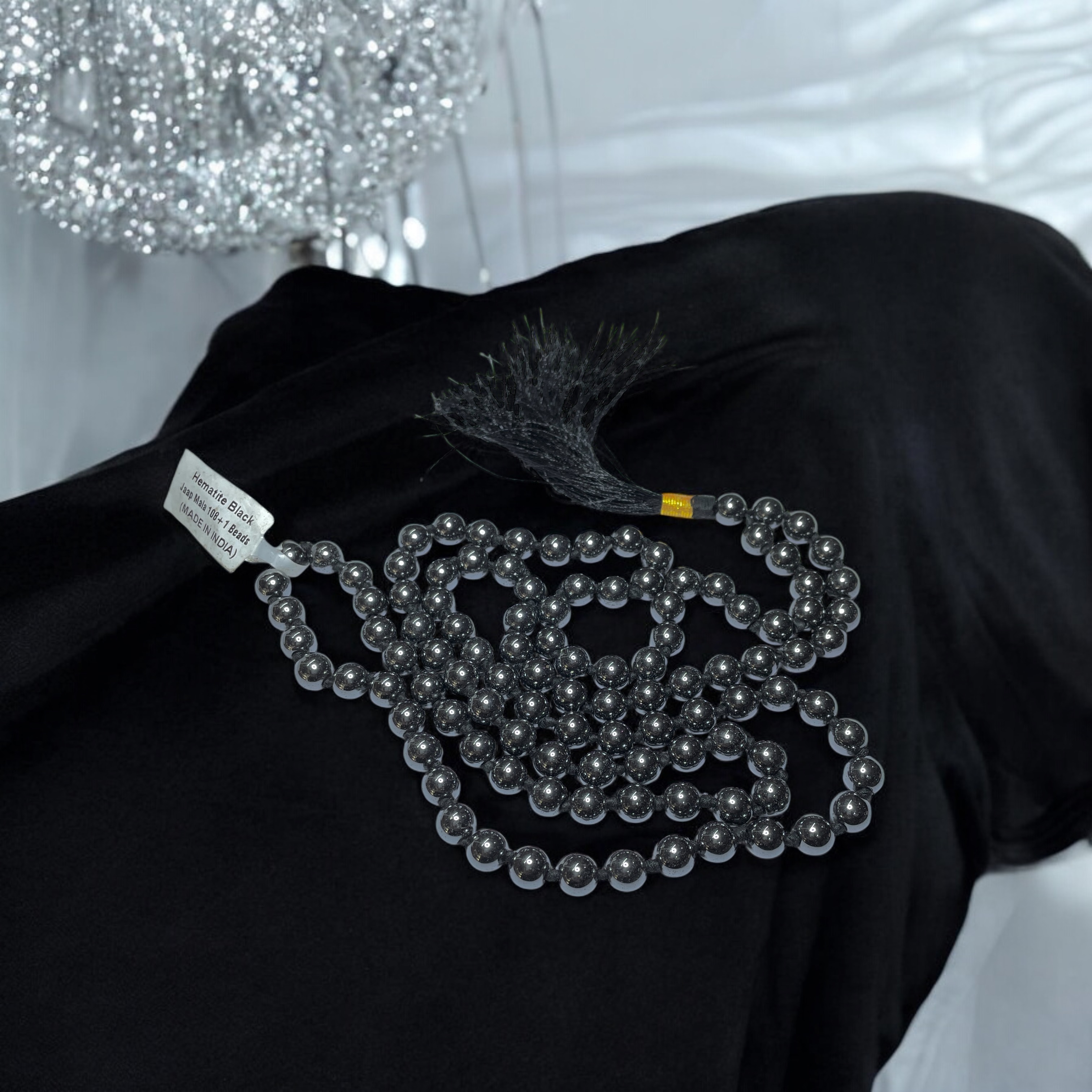 Rocksmins hematite Crystal Jaap Mala - 108+1 Beads 8 mm Beads for Pooja, Astrology for Wearing in Neck/Holding for Men Women Boys Girls