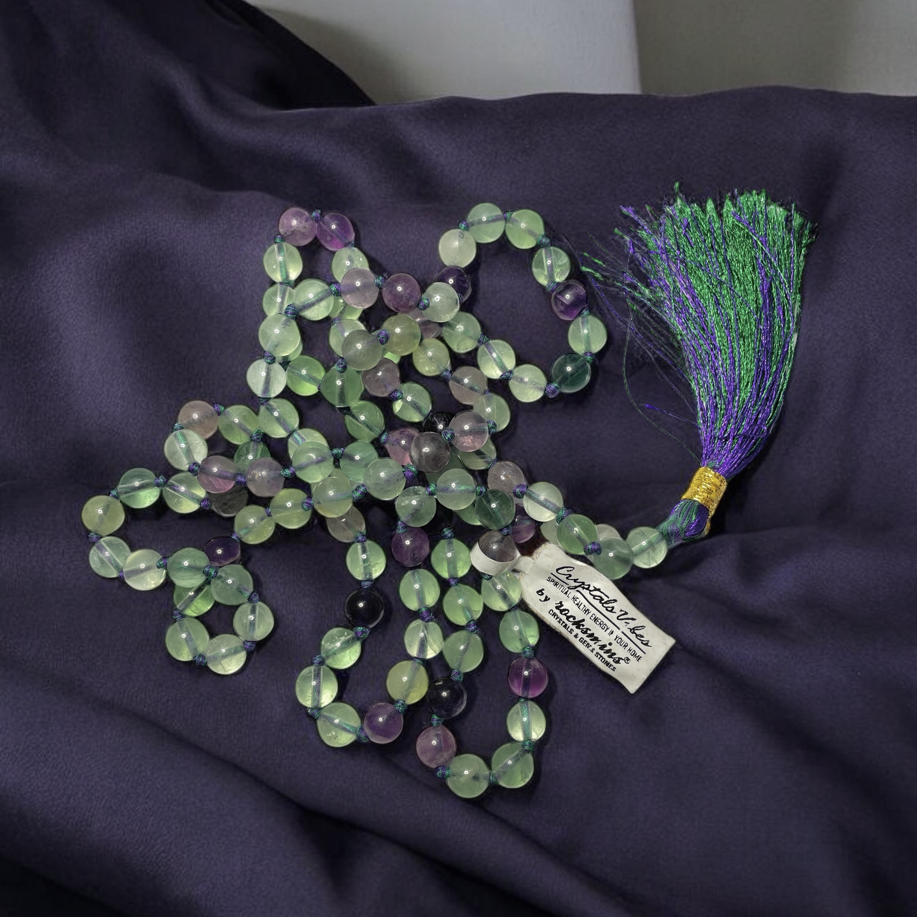 Rocksmins Fluorite Crystal Jaap Mala - 108+1 Beads 8 mm Beads for Pooja, Astrology for Wearing in Neck/Holding for Men Women Boys Girls