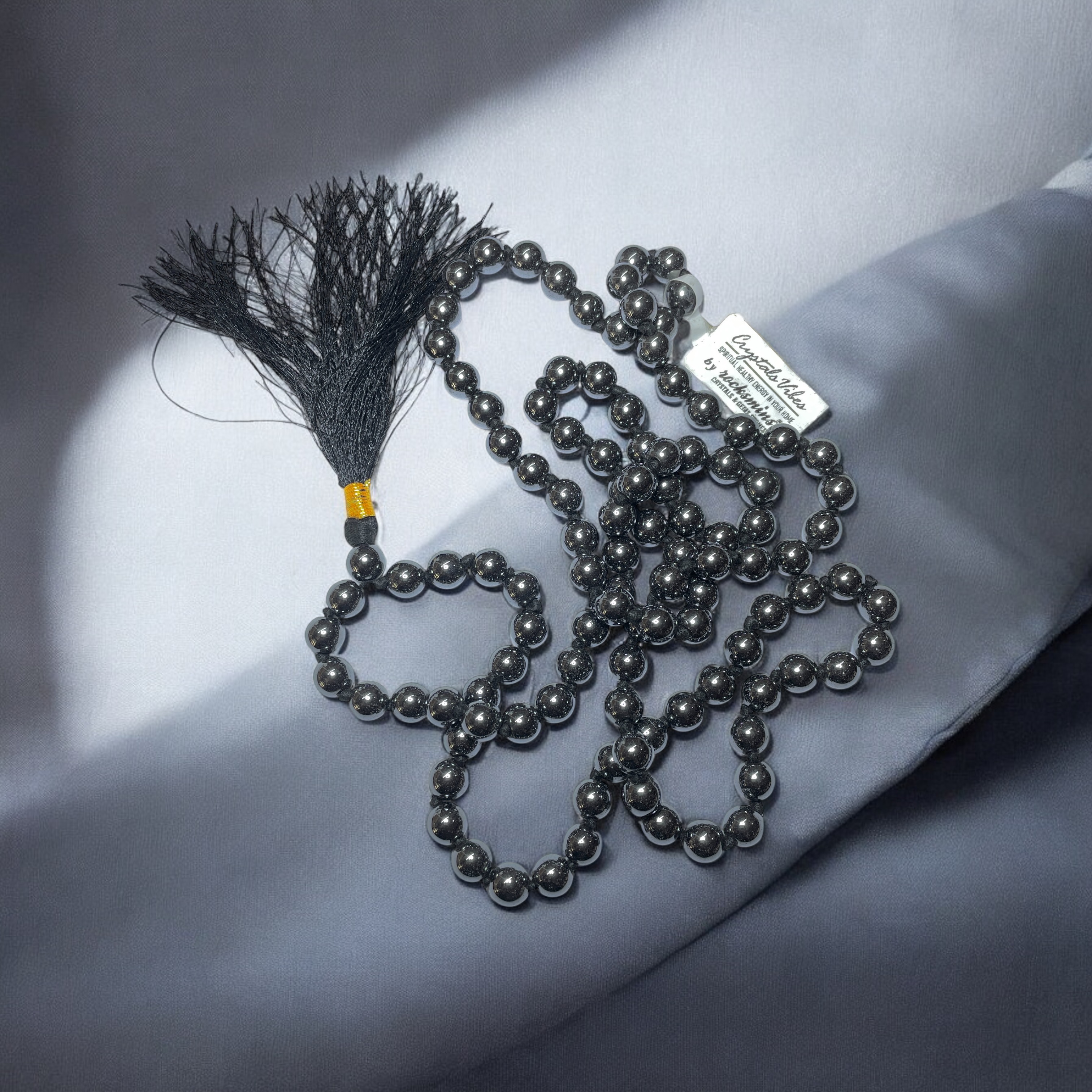 Rocksmins hematite Crystal Jaap Mala - 108+1 Beads 8 mm Beads for Pooja, Astrology for Wearing in Neck/Holding for Men Women Boys Girls