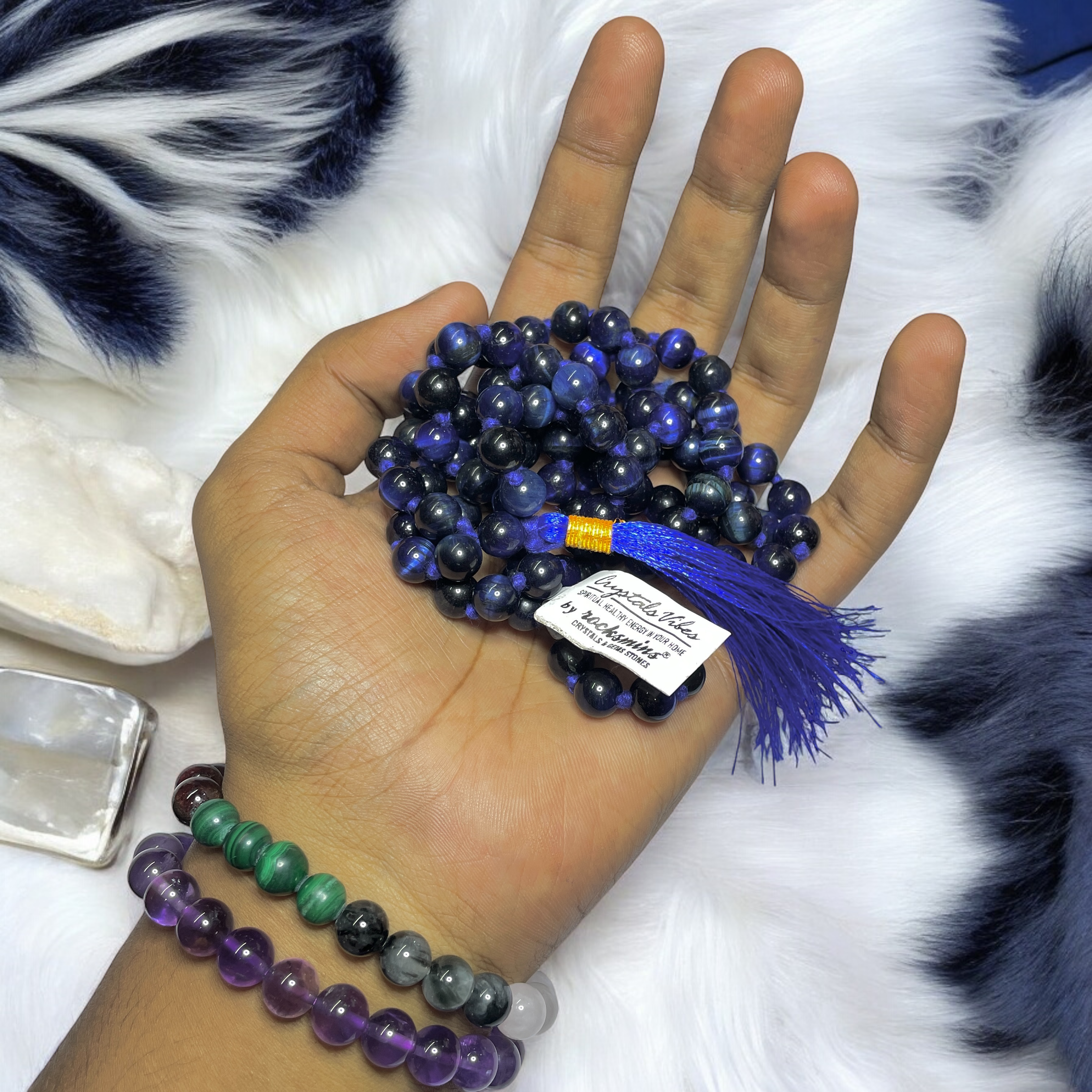 Rocksmins Tiger's Eye Blue Crystal Jaap Mala - 108+1 Beads 8 mm Beads for Pooja, Astrology for Wearing in Neck/Holding for Men Women Boys Girls