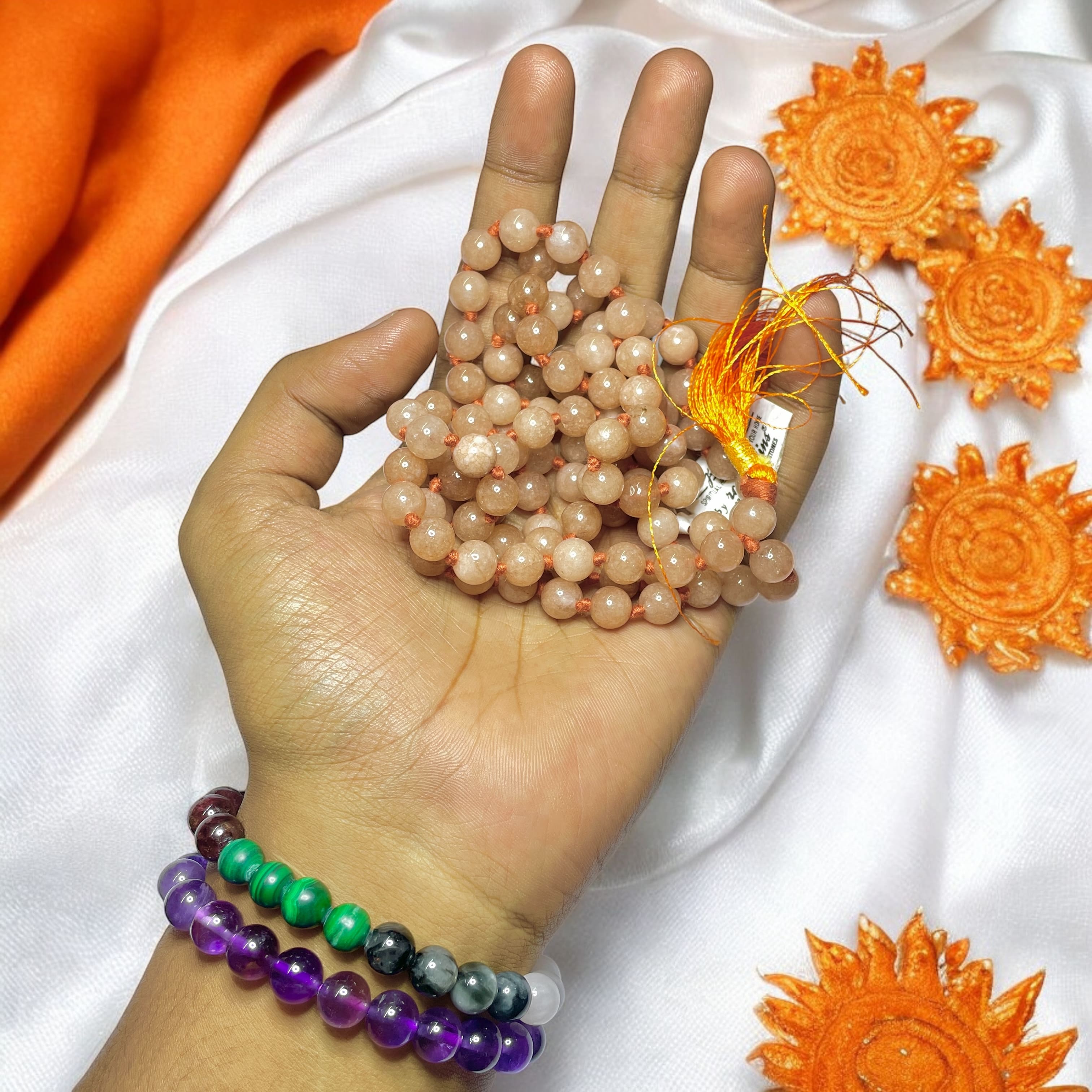 Rocksmins Sunstone Crystal Jaap Mala - 108+1 Beads 8 mm Beads for Pooja, Astrology for Wearing in Neck/Holding for Men Women Boys Girls