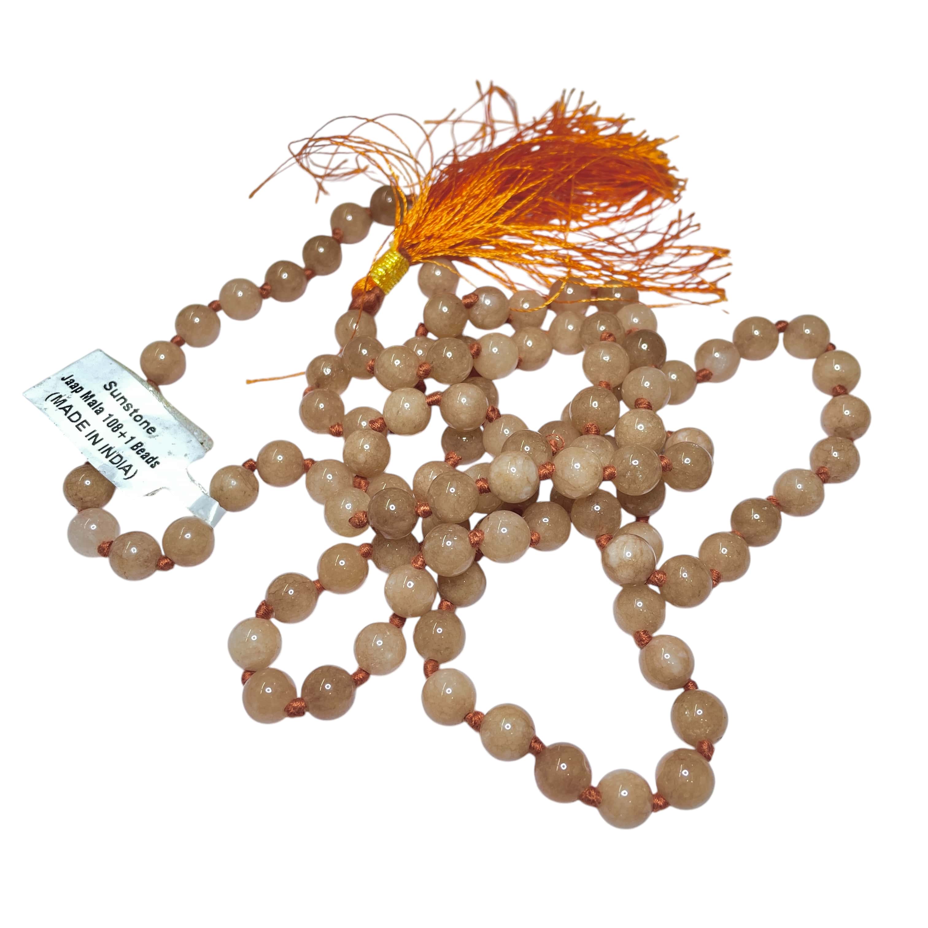 Rocksmins Sunstone Crystal Jaap Mala - 108+1 Beads 8 mm Beads for Pooja, Astrology for Wearing in Neck/Holding for Men Women Boys Girls
