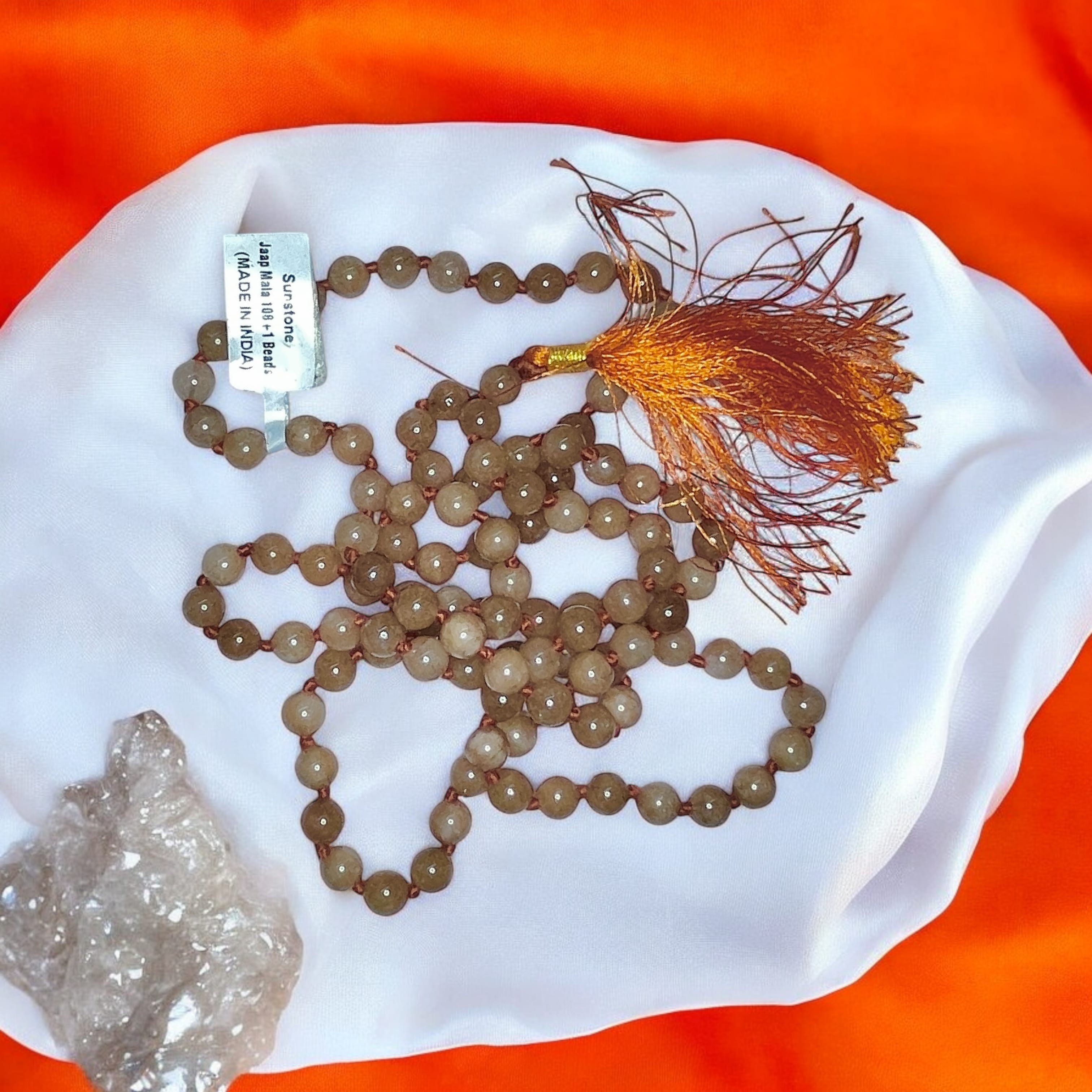 Rocksmins Sunstone Crystal Jaap Mala - 108+1 Beads 8 mm Beads for Pooja, Astrology for Wearing in Neck/Holding for Men Women Boys Girls