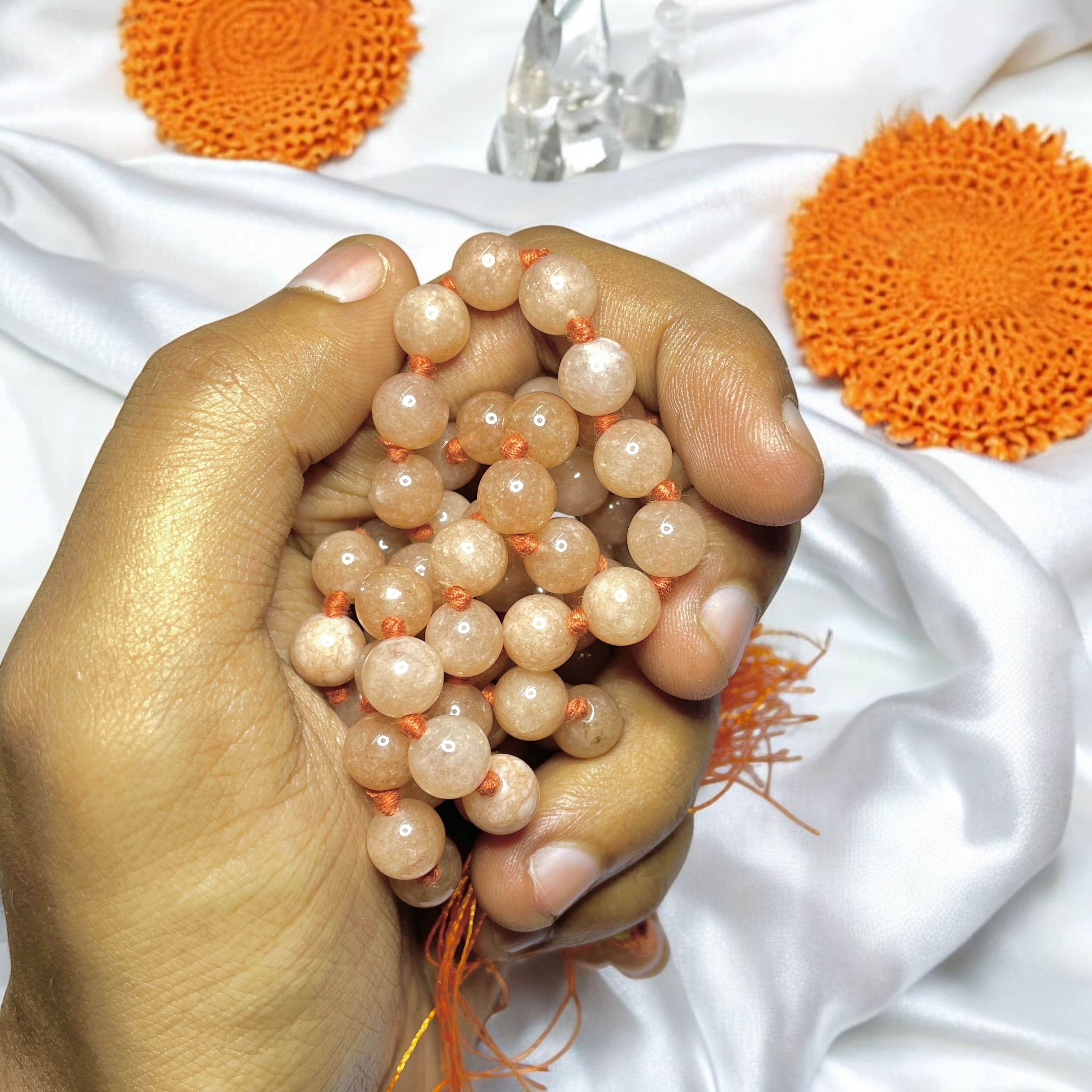 Rocksmins Sunstone Crystal Jaap Mala - 108+1 Beads 8 mm Beads for Pooja, Astrology for Wearing in Neck/Holding for Men Women Boys Girls