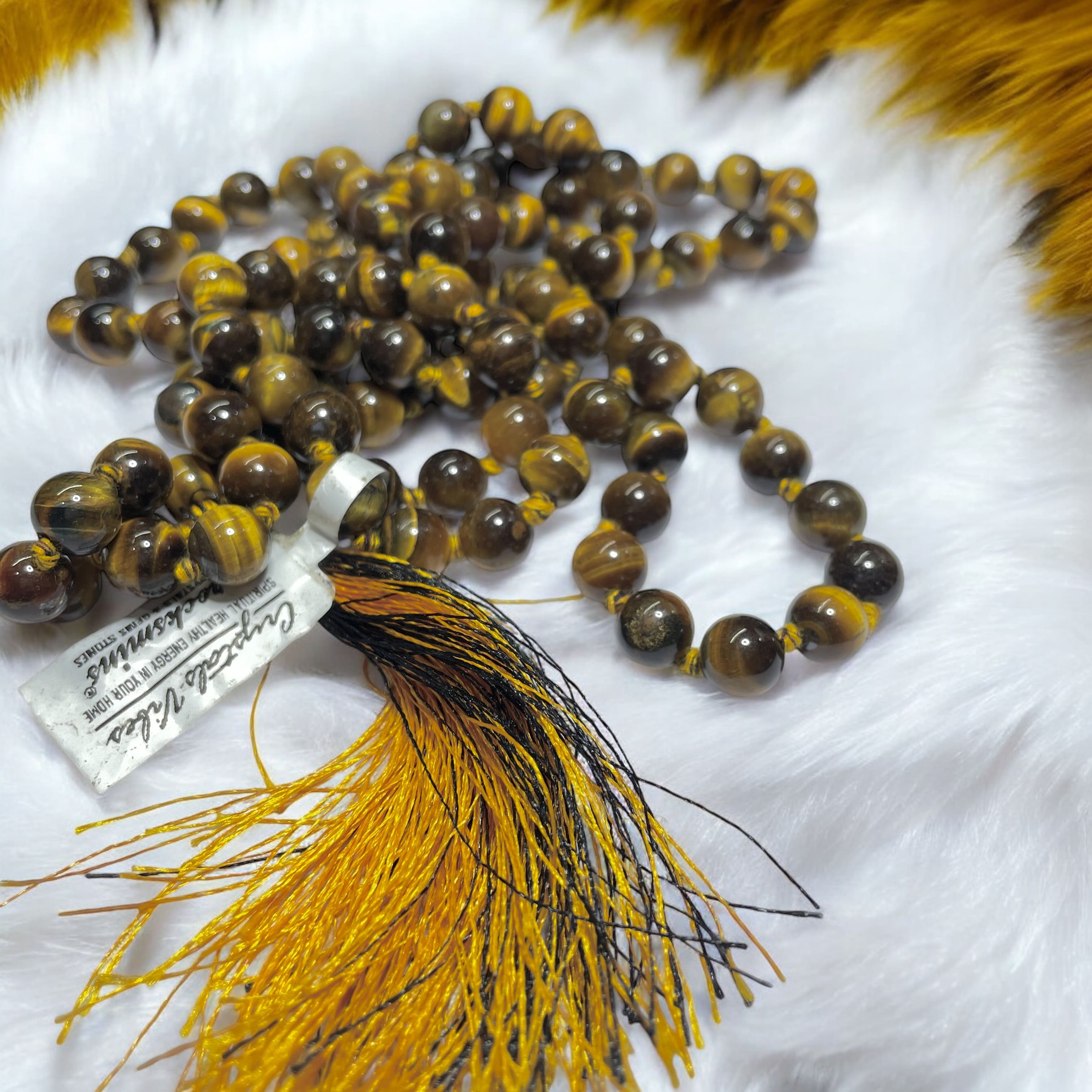 Rocksmins Tiger's Eye Yellow Crystal Jaap Mala - 108+1 Beads 8 mm Beads for Pooja, Astrology for Wearing in Neck/Holding for Men Women Boys Girls