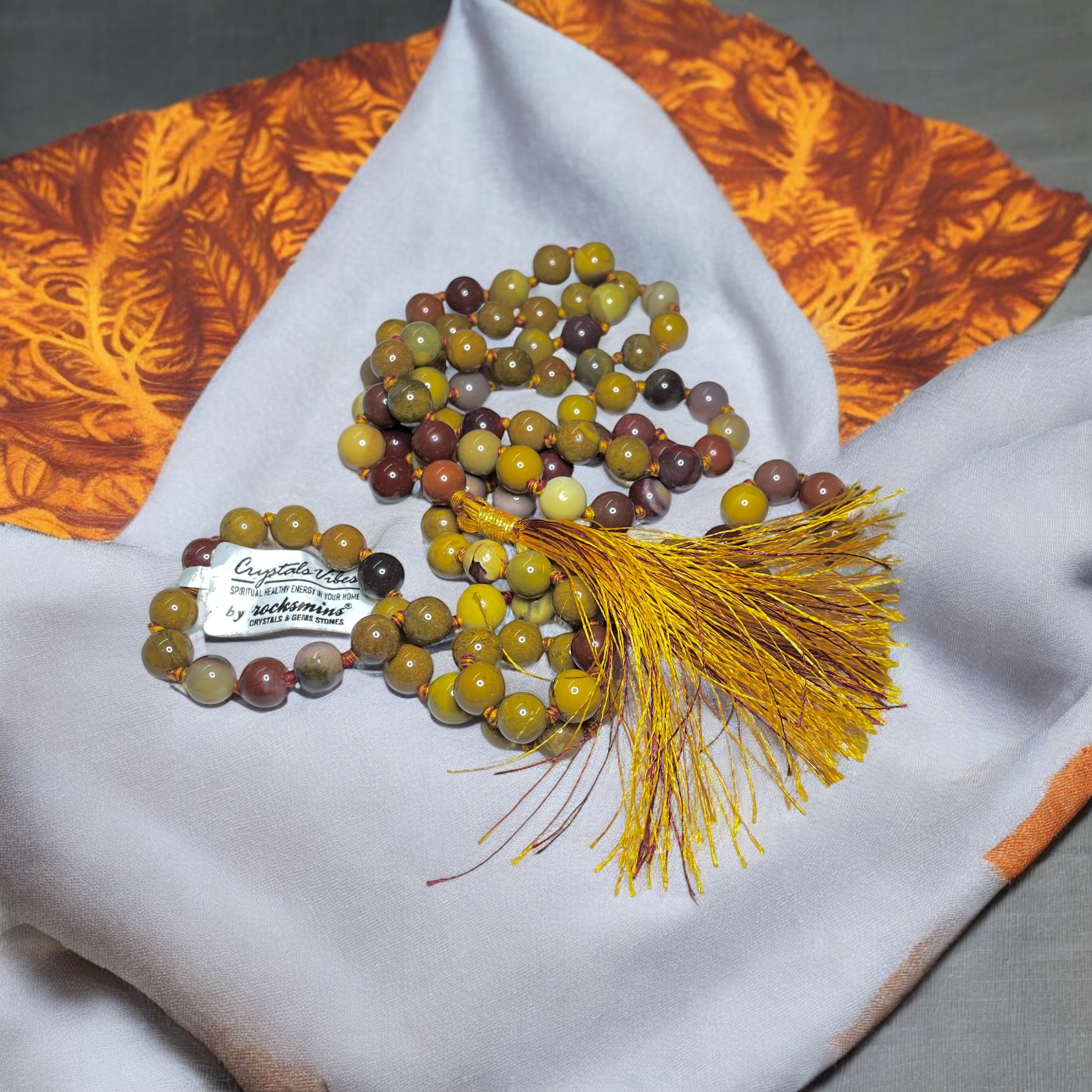 Rocksmins Mookaite Crystal Jaap Mala - 108+1 Beads 8 mm Beads for Pooja, Astrology for Wearing in Neck/Holding for Men Women Boys Girls