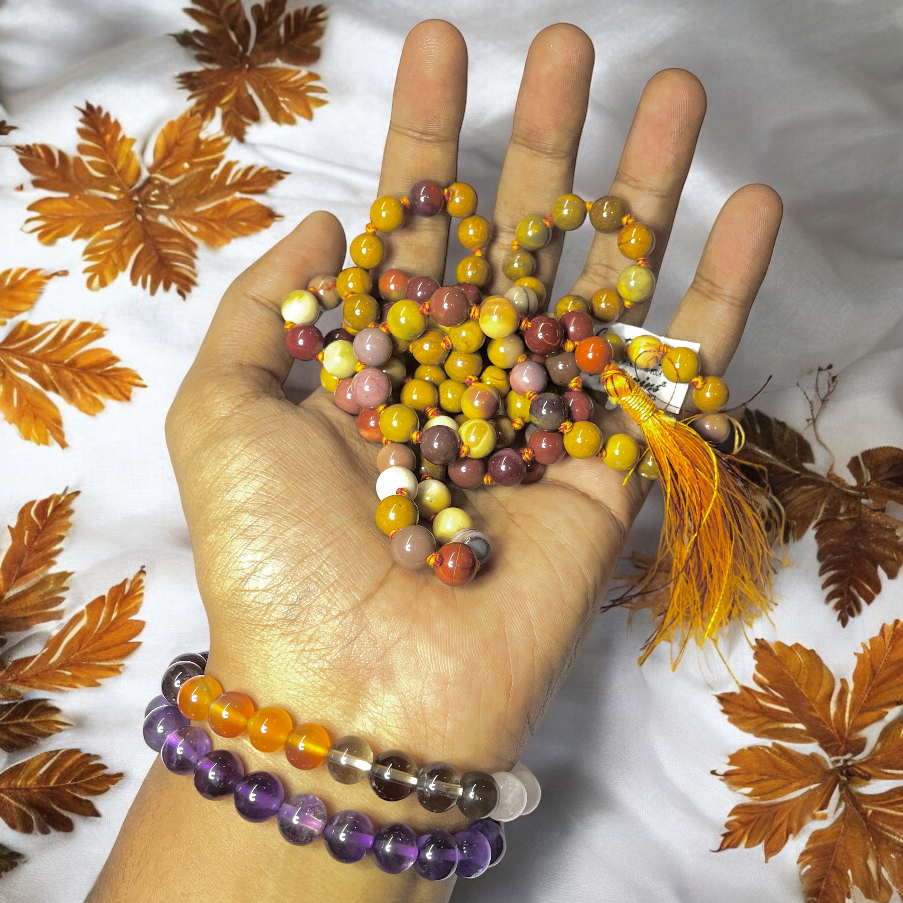 Rocksmins Mookaite Crystal Jaap Mala - 108+1 Beads 8 mm Beads for Pooja, Astrology for Wearing in Neck/Holding for Men Women Boys Girls