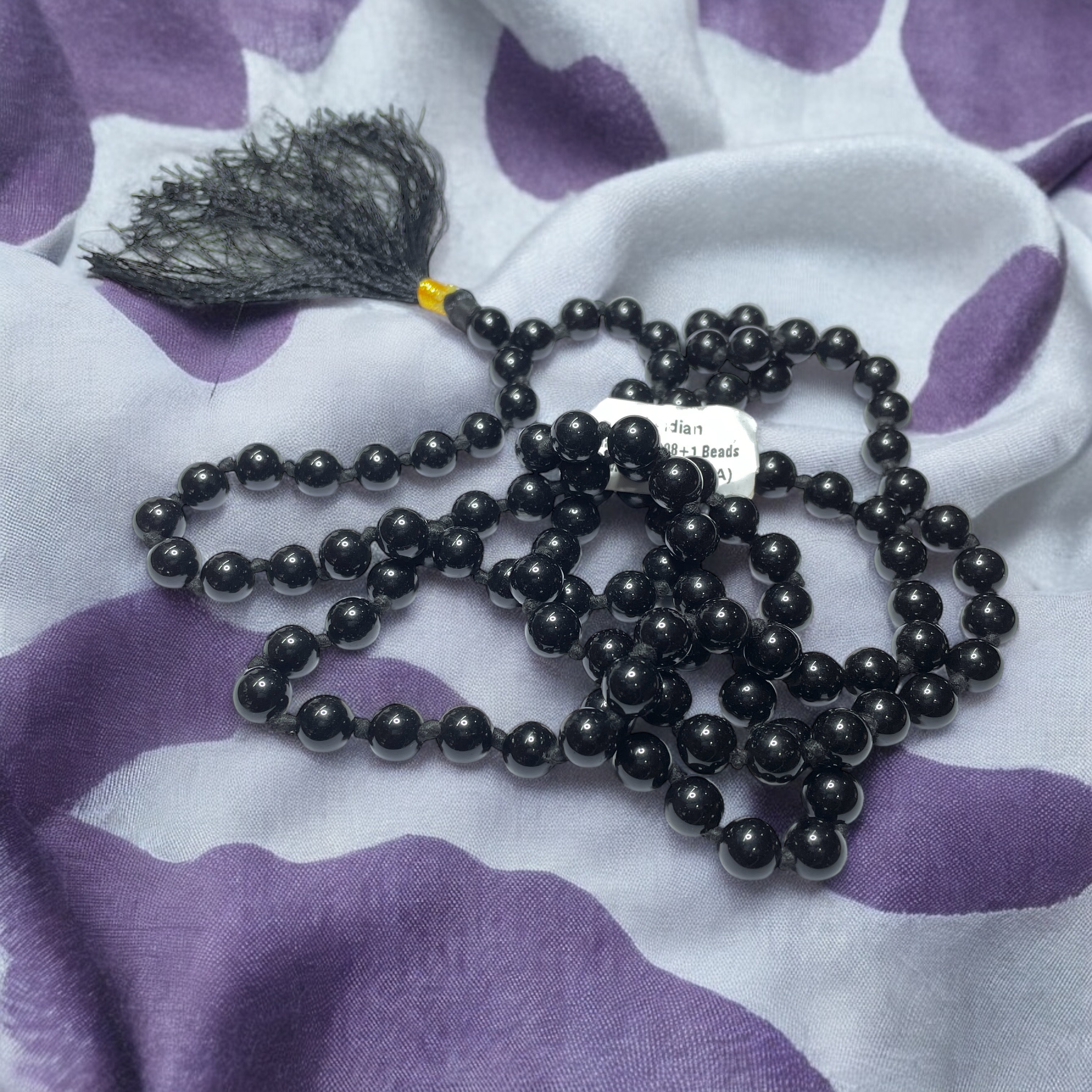 Rocksmins Black Obsidian Crystal Jaap Mala - 108+1 Beads 8 mm Beads for Pooja, Astrology for Wearing in Neck/Holding for Men Women Boys Girls