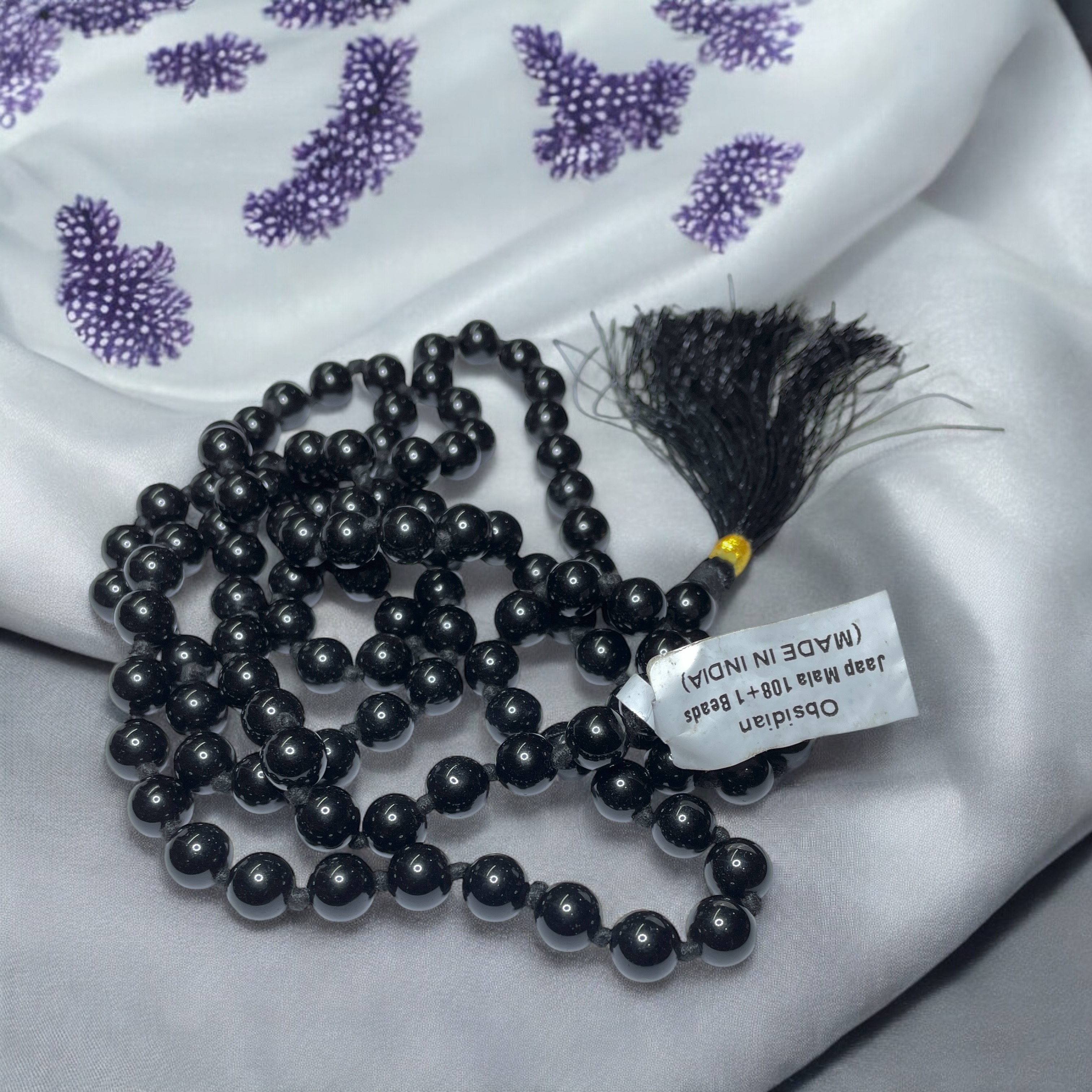 Rocksmins Black Obsidian Crystal Jaap Mala - 108+1 Beads 8 mm Beads for Pooja, Astrology for Wearing in Neck/Holding for Men Women Boys Girls