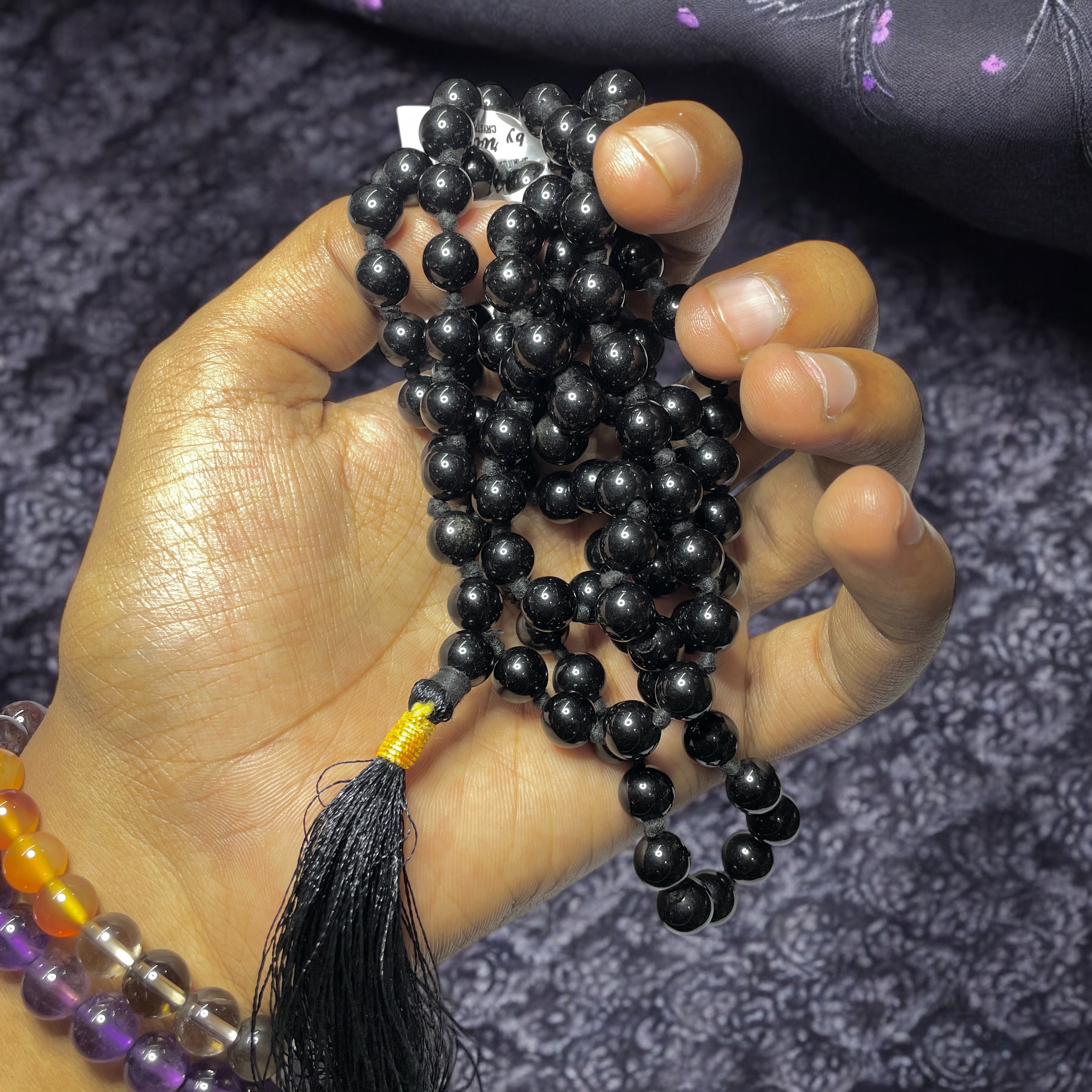 Rocksmins Black Obsidian Crystal Jaap Mala - 108+1 Beads 8 mm Beads for Pooja, Astrology for Wearing in Neck/Holding for Men Women Boys Girls