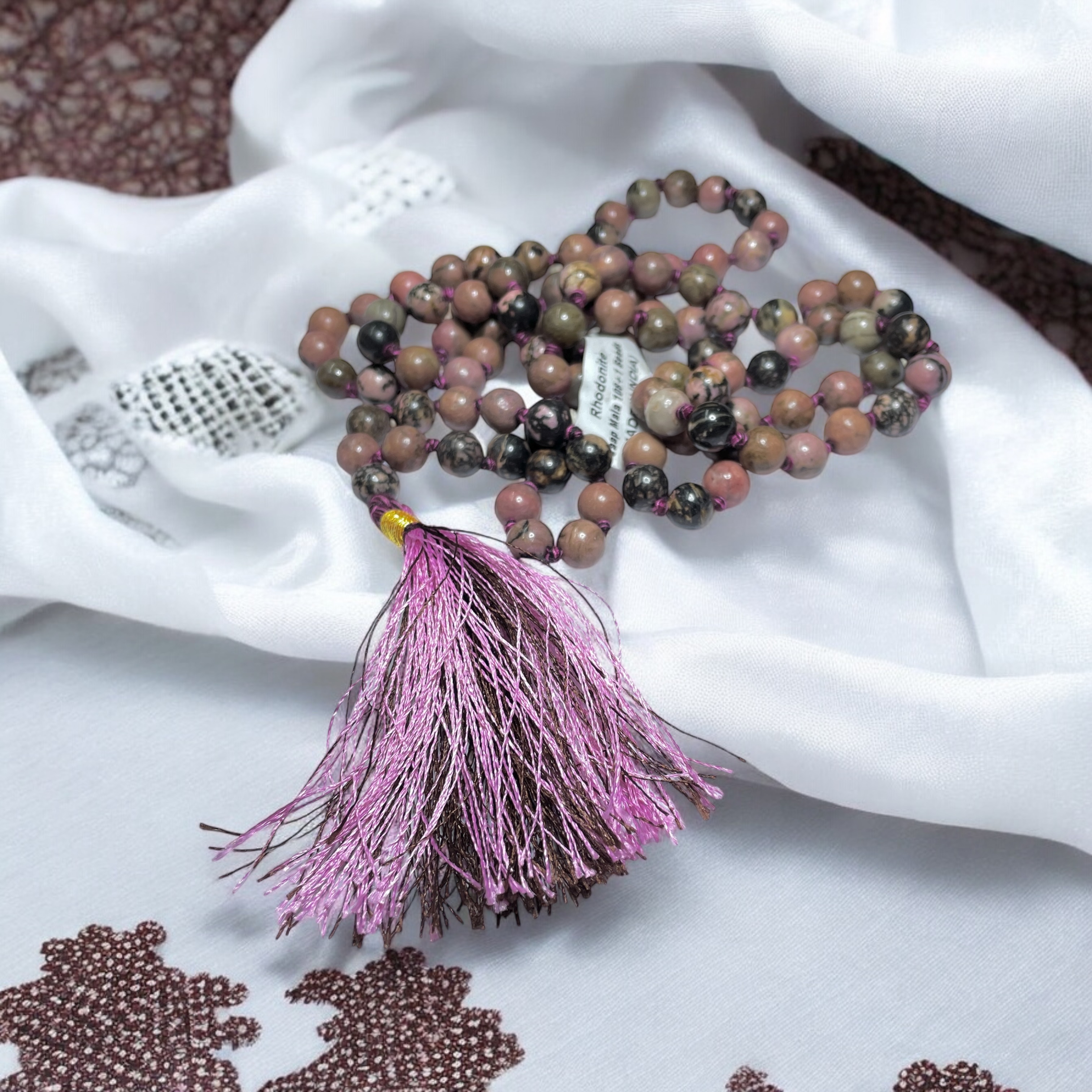 Rocksmins Rhodonite Crystal Jaap Mala - 108+1 Beads 8 mm Beads for Pooja, Astrology for Wearing in Neck/Holding for Men Women Boys Girls