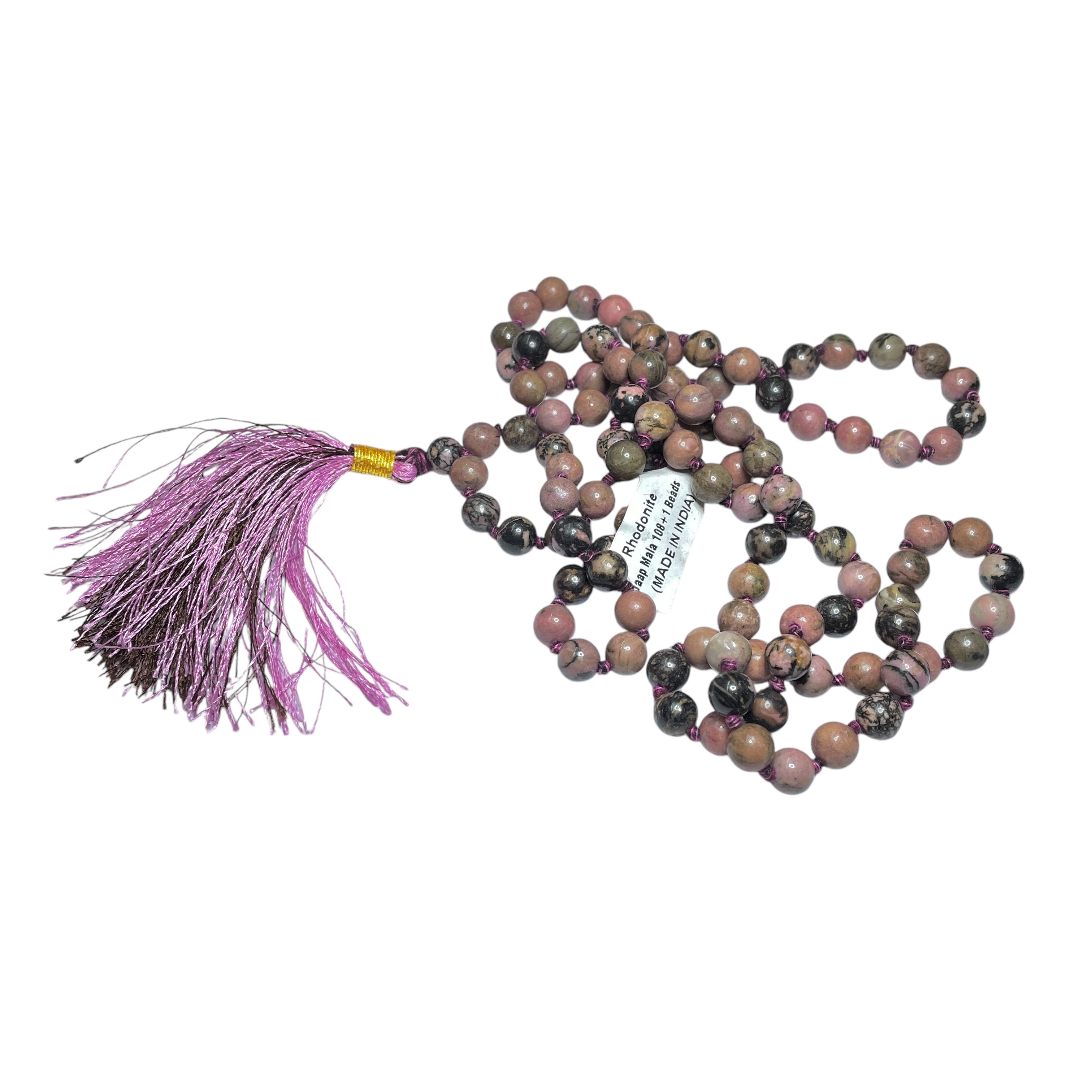 Rocksmins Rhodonite Crystal Jaap Mala - 108+1 Beads 8 mm Beads for Pooja, Astrology for Wearing in Neck/Holding for Men Women Boys Girls