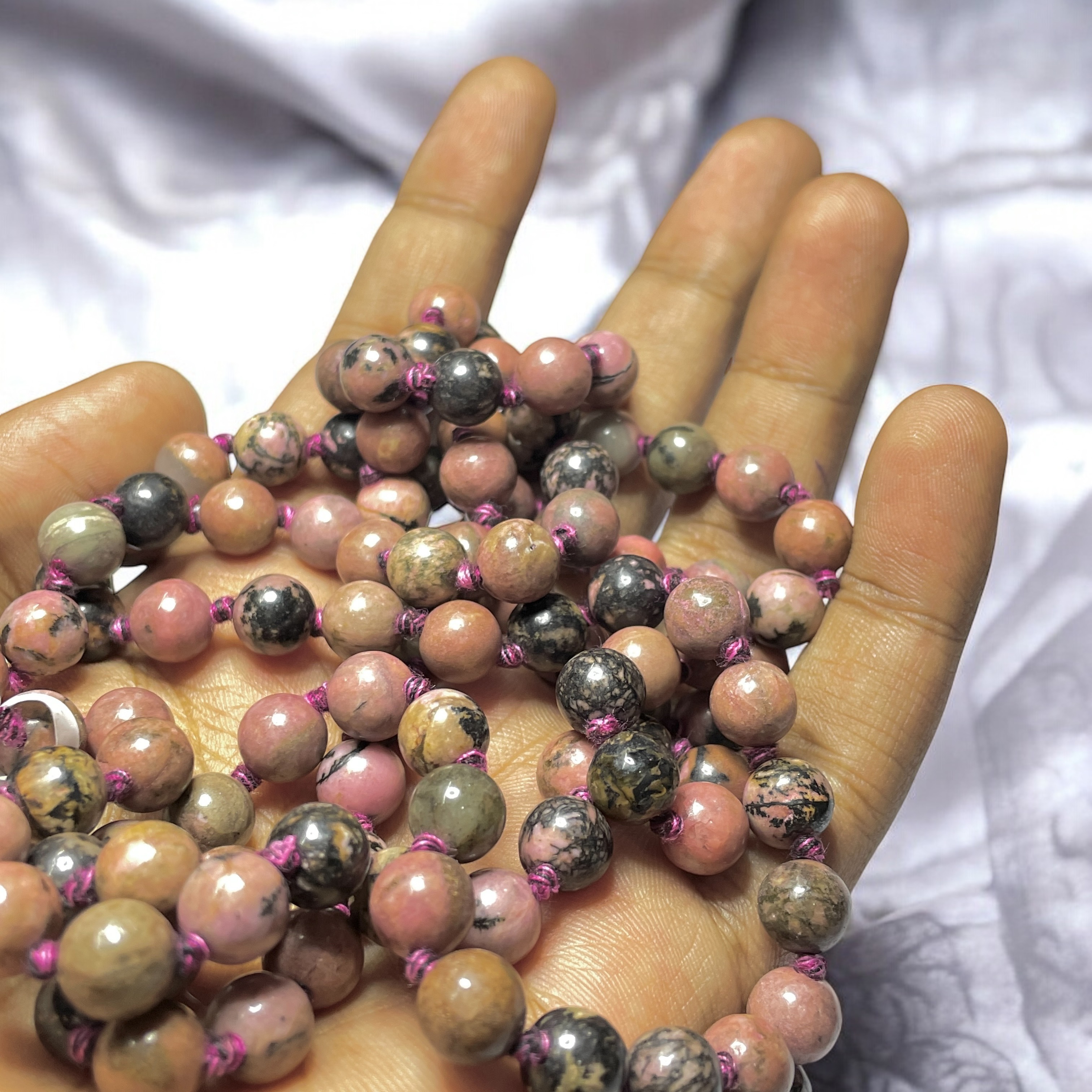 Rocksmins Rhodonite Crystal Jaap Mala - 108+1 Beads 8 mm Beads for Pooja, Astrology for Wearing in Neck/Holding for Men Women Boys Girls