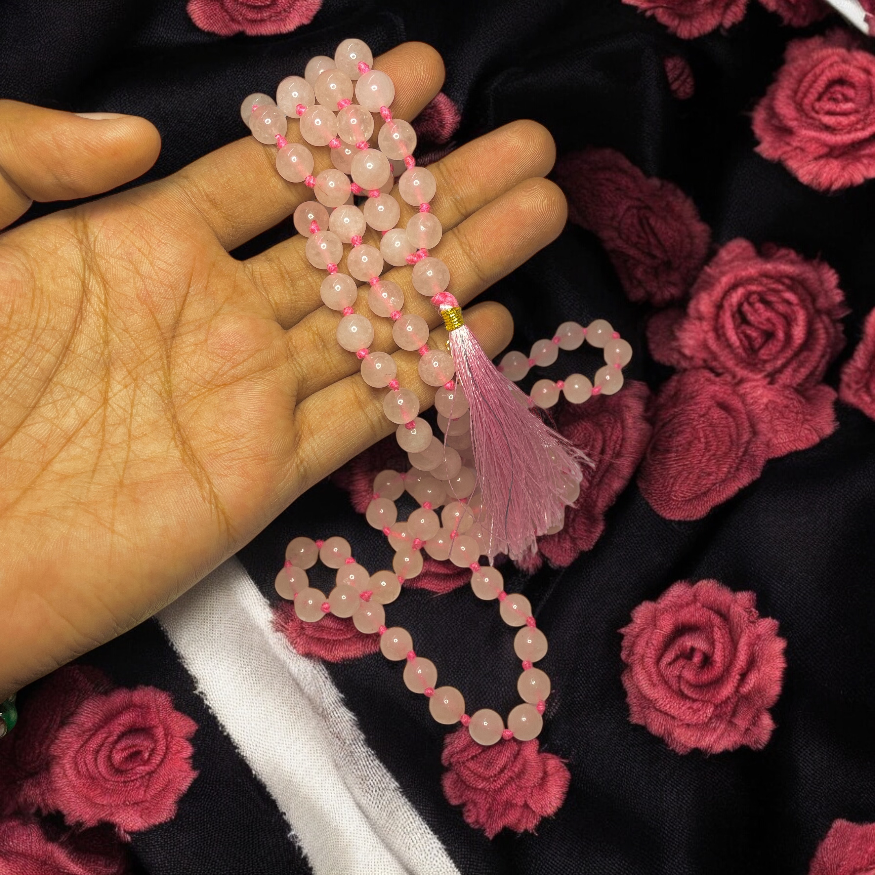 Rocksmins Rose Quartz Crystal Jaap Mala - 108+1 Beads 8 mm Beads for Pooja, Astrology for Wearing in Neck/Holding for Men Women Boys Girls