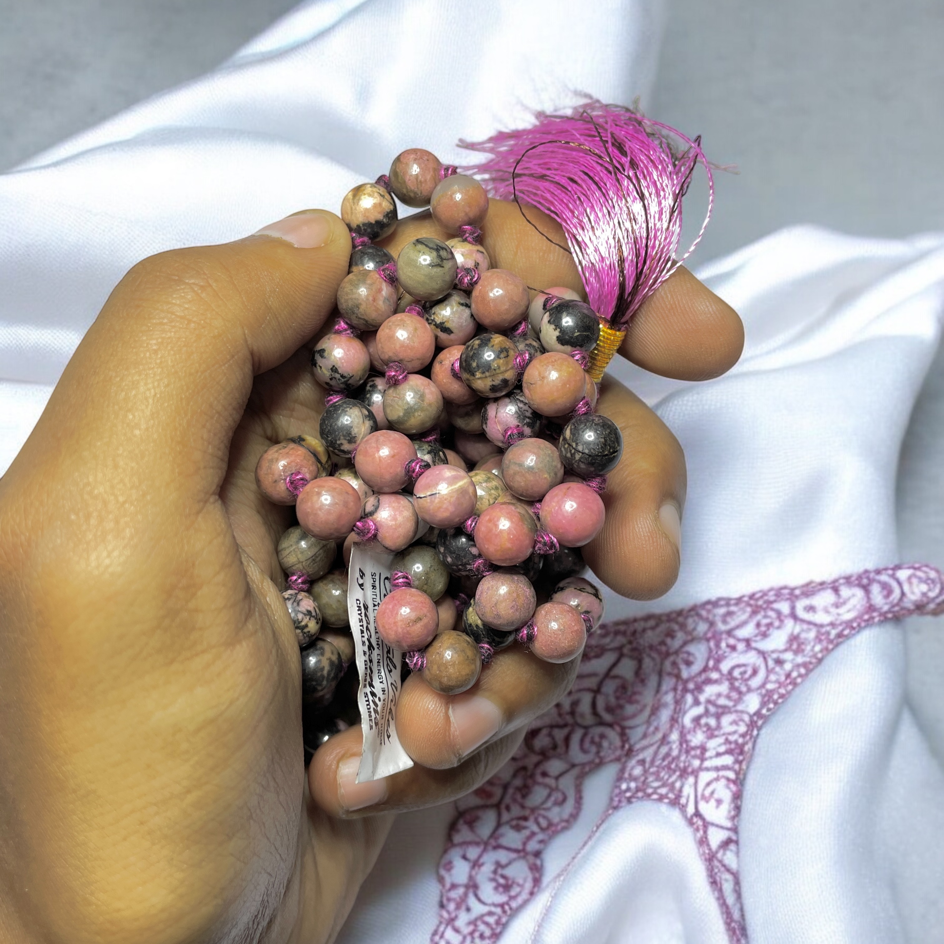 Rocksmins Rhodonite Crystal Jaap Mala - 108+1 Beads 8 mm Beads for Pooja, Astrology for Wearing in Neck/Holding for Men Women Boys Girls