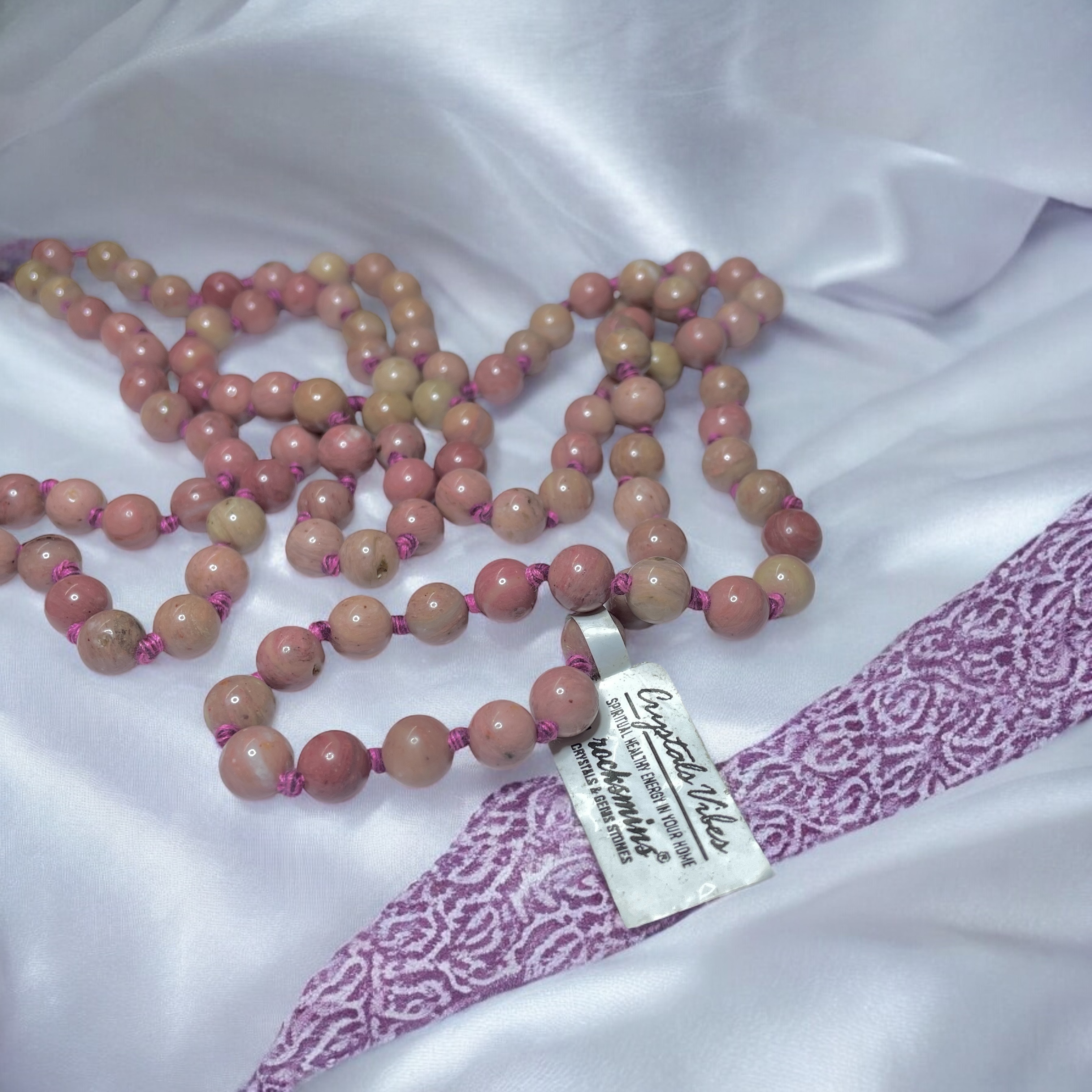 Rocksmins Rhodochrosite Crystal Jaap Mala - 108+1 Beads 8 mm Beads for Pooja, Astrology for Wearing in Neck/Holding for Men Women Boys Girls