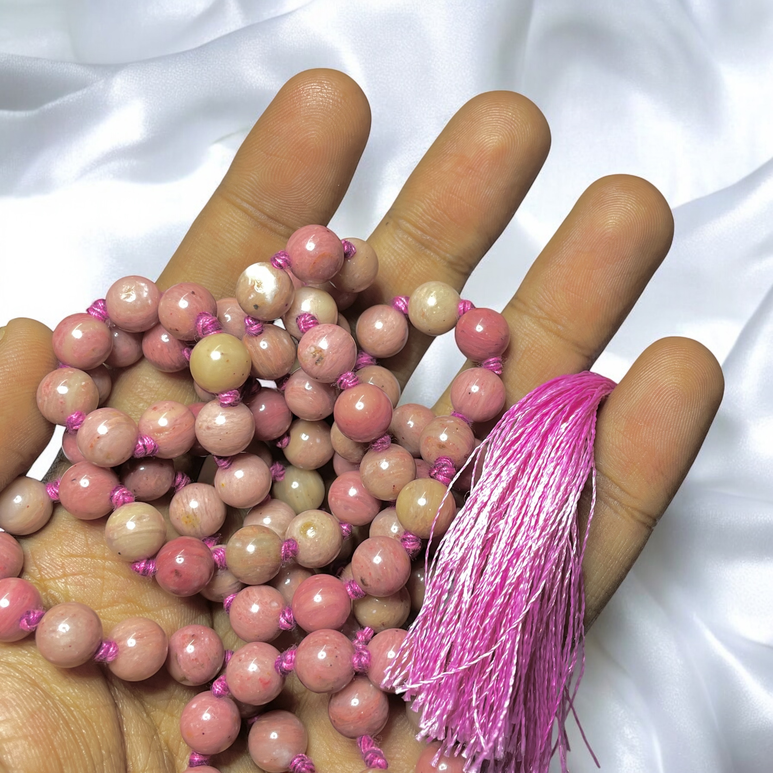 Rocksmins Rhodochrosite Crystal Jaap Mala - 108+1 Beads 8 mm Beads for Pooja, Astrology for Wearing in Neck/Holding for Men Women Boys Girls