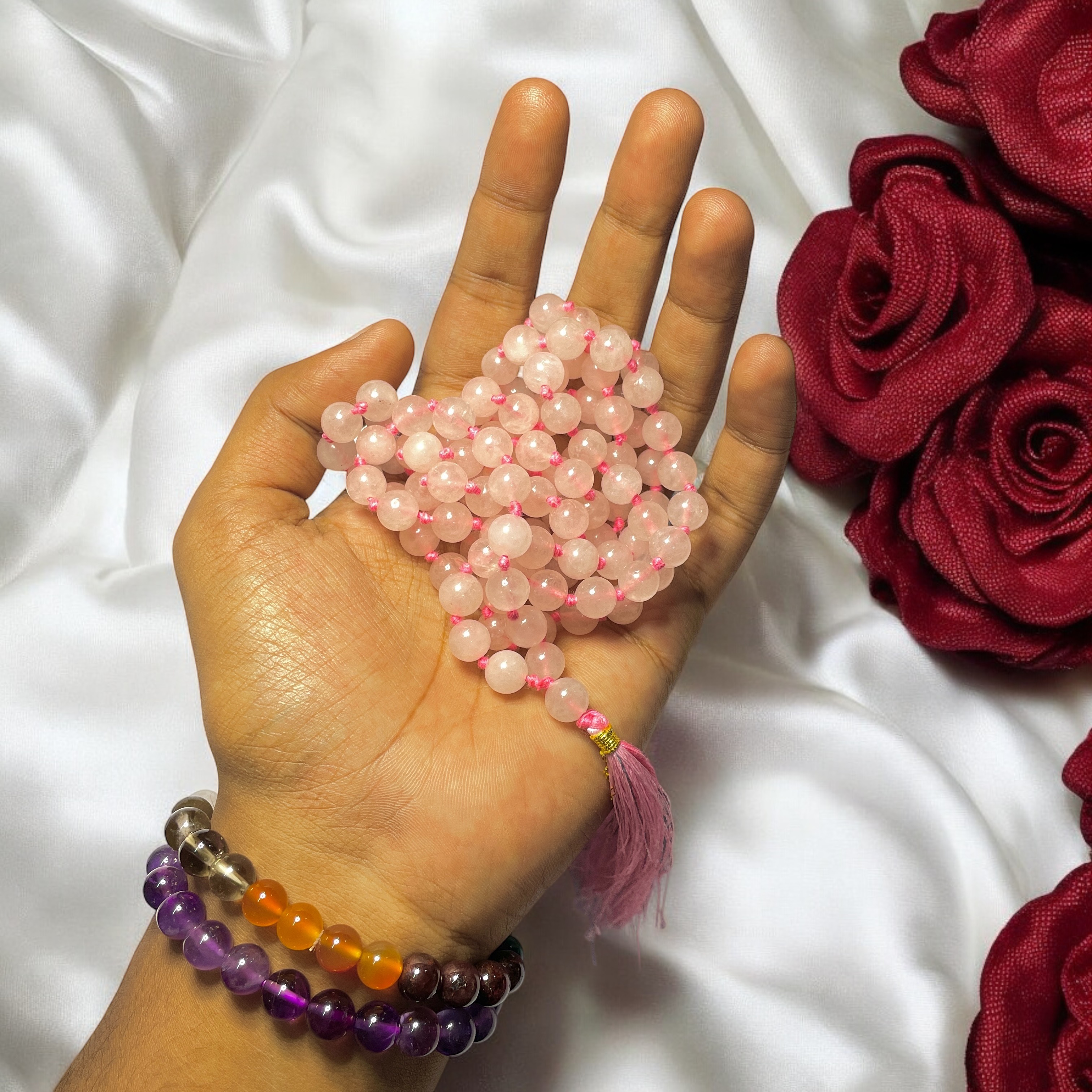 Rocksmins Rose Quartz Crystal Jaap Mala - 108+1 Beads 8 mm Beads for Pooja, Astrology for Wearing in Neck/Holding for Men Women Boys Girls